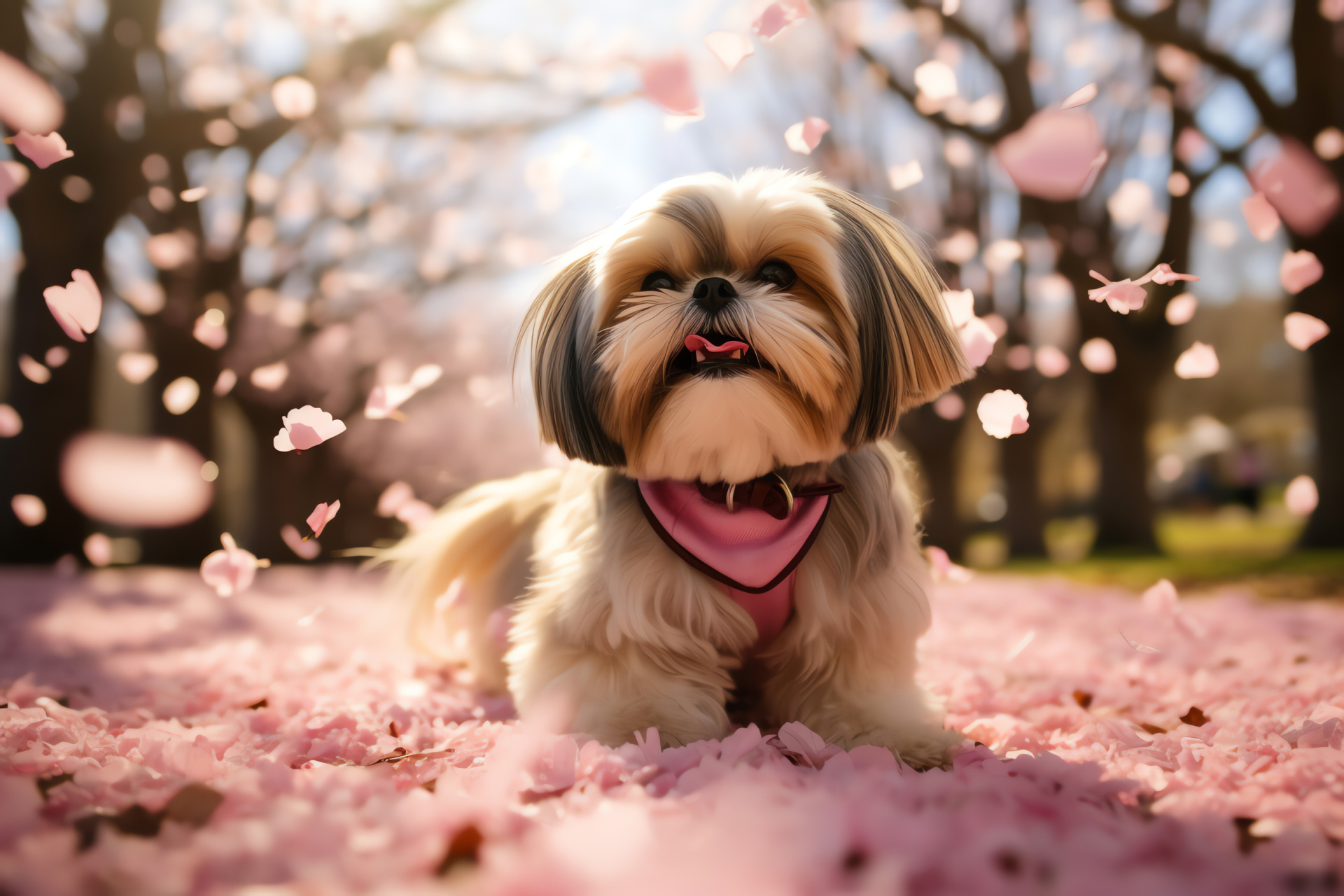 Playful pooch in costume, Blossoming location, Canine ballet skirt, Puppy love, Natural ambiance, HD Desktop Image