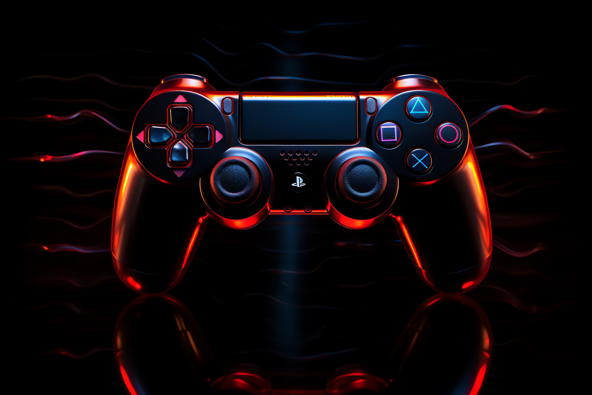 Playstation gaming controller, Sleek black design, Intense red highlights, Gaming power symbol, Interactive gaming tool, HD Desktop Image