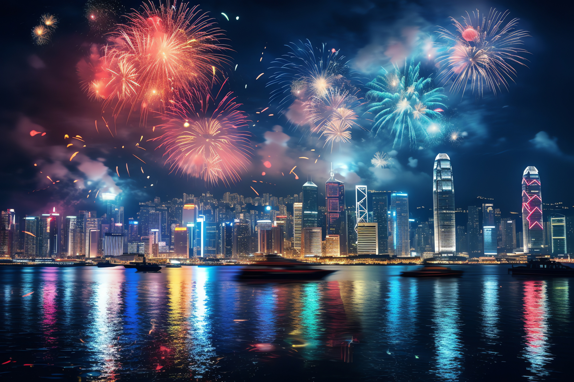 Hong Kong, Victoria Harbour, New Year's fireworks, Illuminated skyline, Festive celebration, HD Desktop Wallpaper