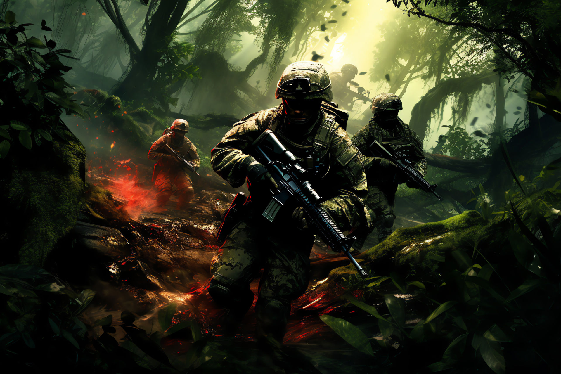 Jungle Squad MW2, Lush foliage backdrop, Game stealth tactics, Tropical environment, Infantry unit, HD Desktop Wallpaper