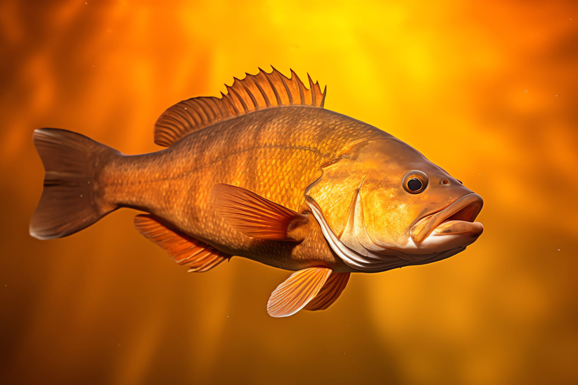 Smallmouth Bass, bronze aquatic hues, vertical stripe angling pattern, clear water environment, prey detection, HD Desktop Wallpaper