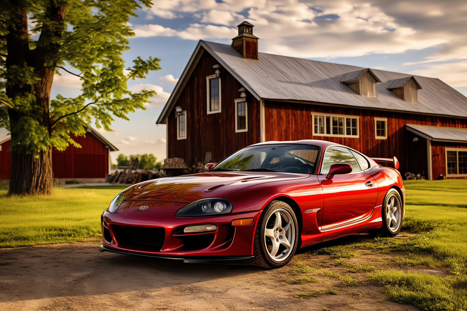 Toyota Supra MK4, Country road drive, Sporty red coupe, Pastoral barn settings, Classic auto models, HD Desktop Image