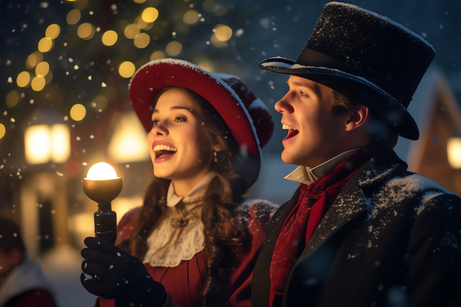 Yuletide musicians, Era-specific beauty, Festive singing garments, Historical women's wear, Gentlemen's hats, HD Desktop Image