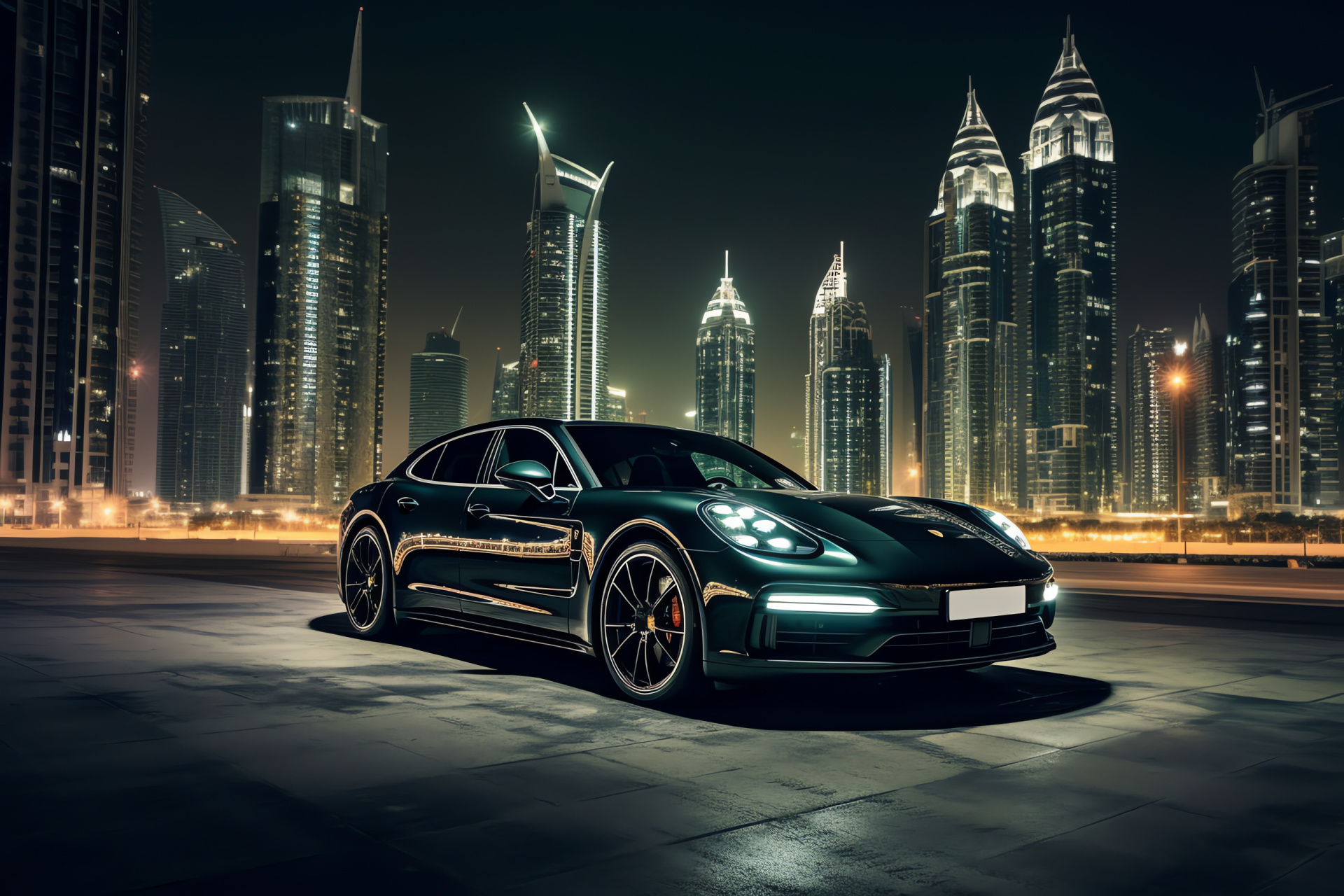 Porsche Panamera Turbo S E-Hybrid, Dubai skyline, advanced hybrid technology, luxury motoring, cityscape glamour, HD Desktop Wallpaper