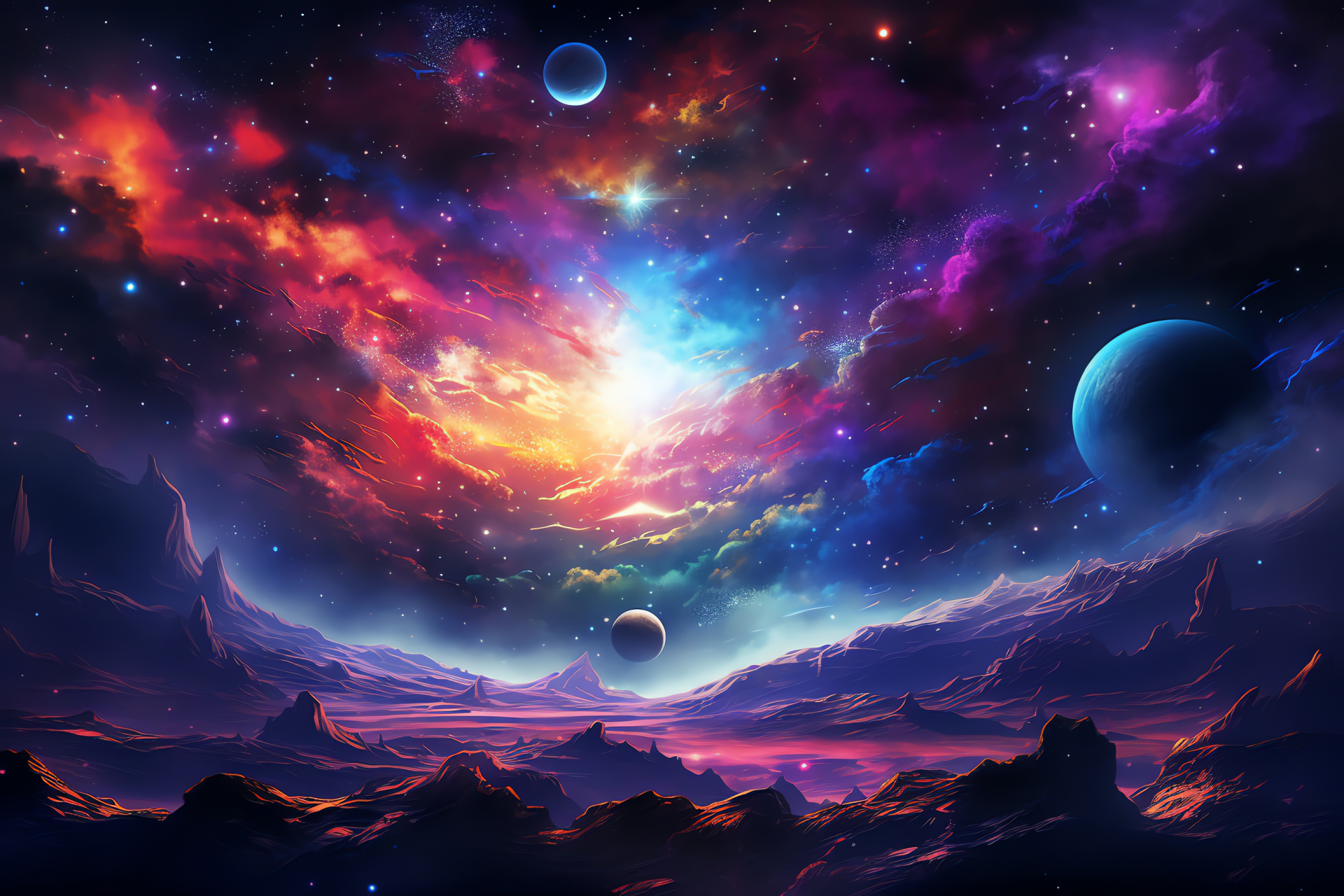 Celestial sphere representation, Hypothetical Elysium, Spectral vibrancy, Tri-color dominance, Orbital artistry, HD Desktop Wallpaper