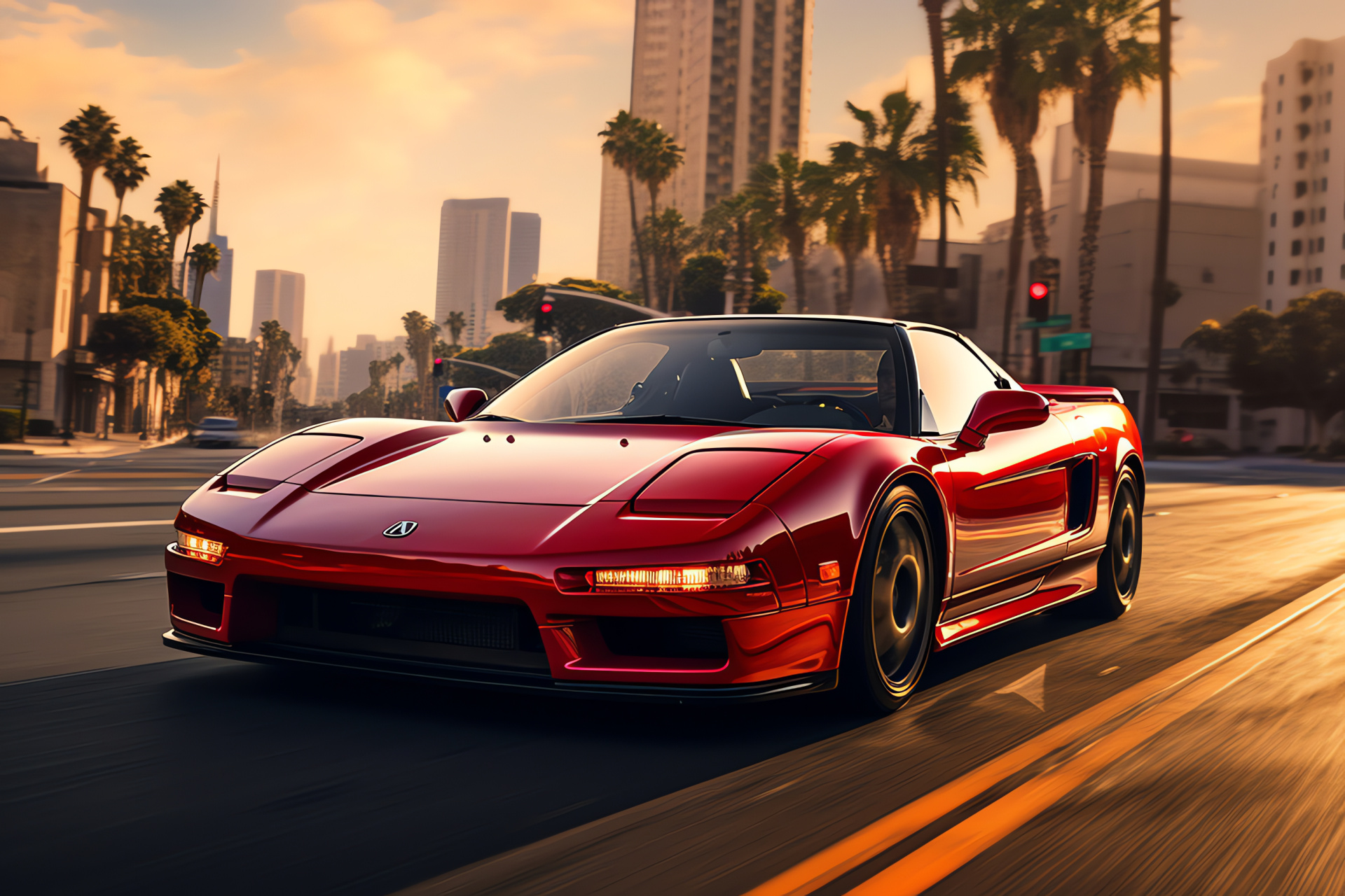 Veilside NSX Los Angeles, Custom sports car, Iconic LA palm trees, City skyline, Automotive presence, HD Desktop Wallpaper