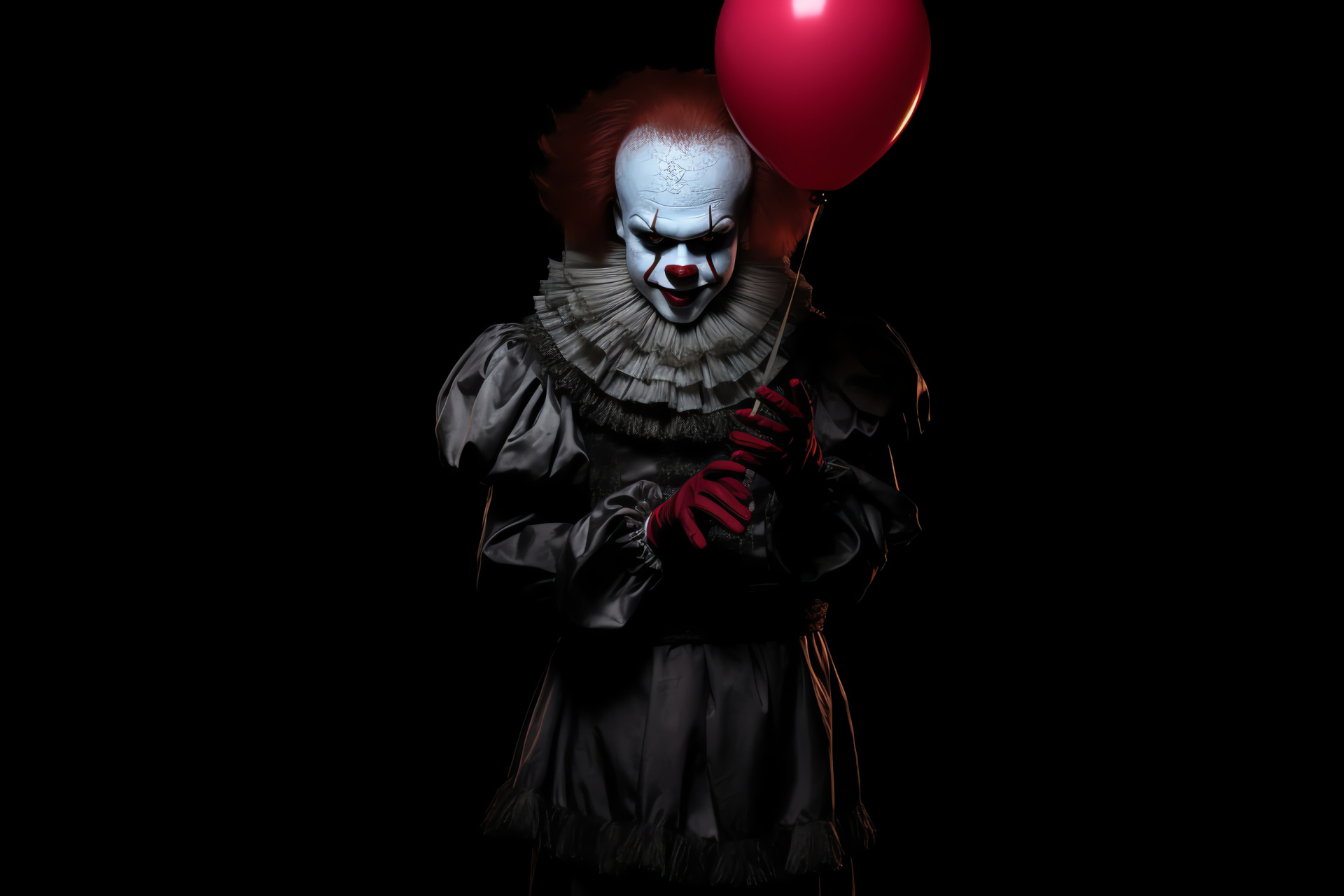 Pennywise visage, sinister balloon, eerie backdrop, unsettling gaze, fearsome expression, HD Desktop Image