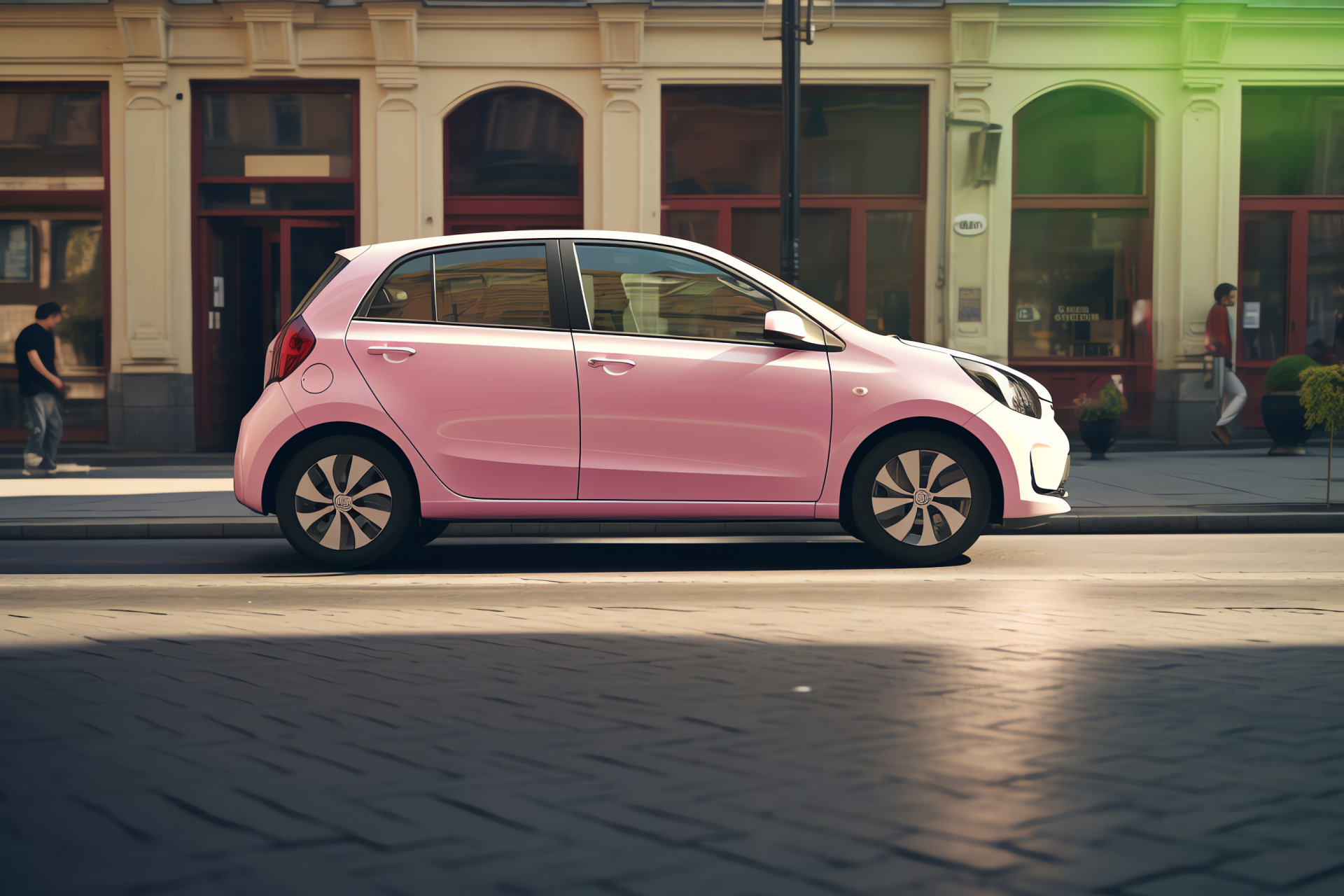 Pink city car, Sidewalk lined streets, Urban driving, Solid hue backdrop, Metropolitan frame, HD Desktop Image