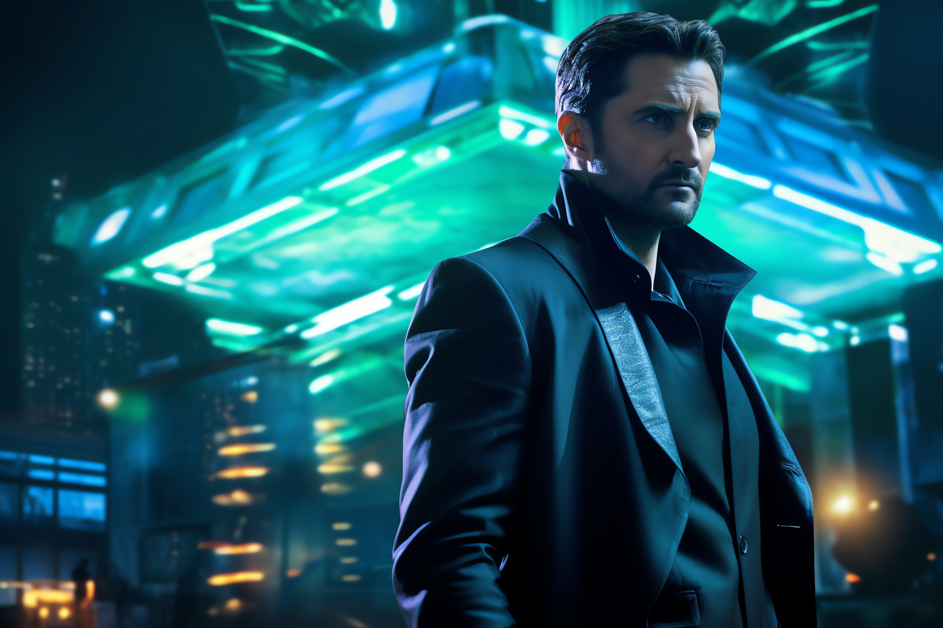 Richard Armitage stance, Skyscraper backdrop, Movie portrayal, Urban fantasy setting, Dystopian city panorama, HD Desktop Image