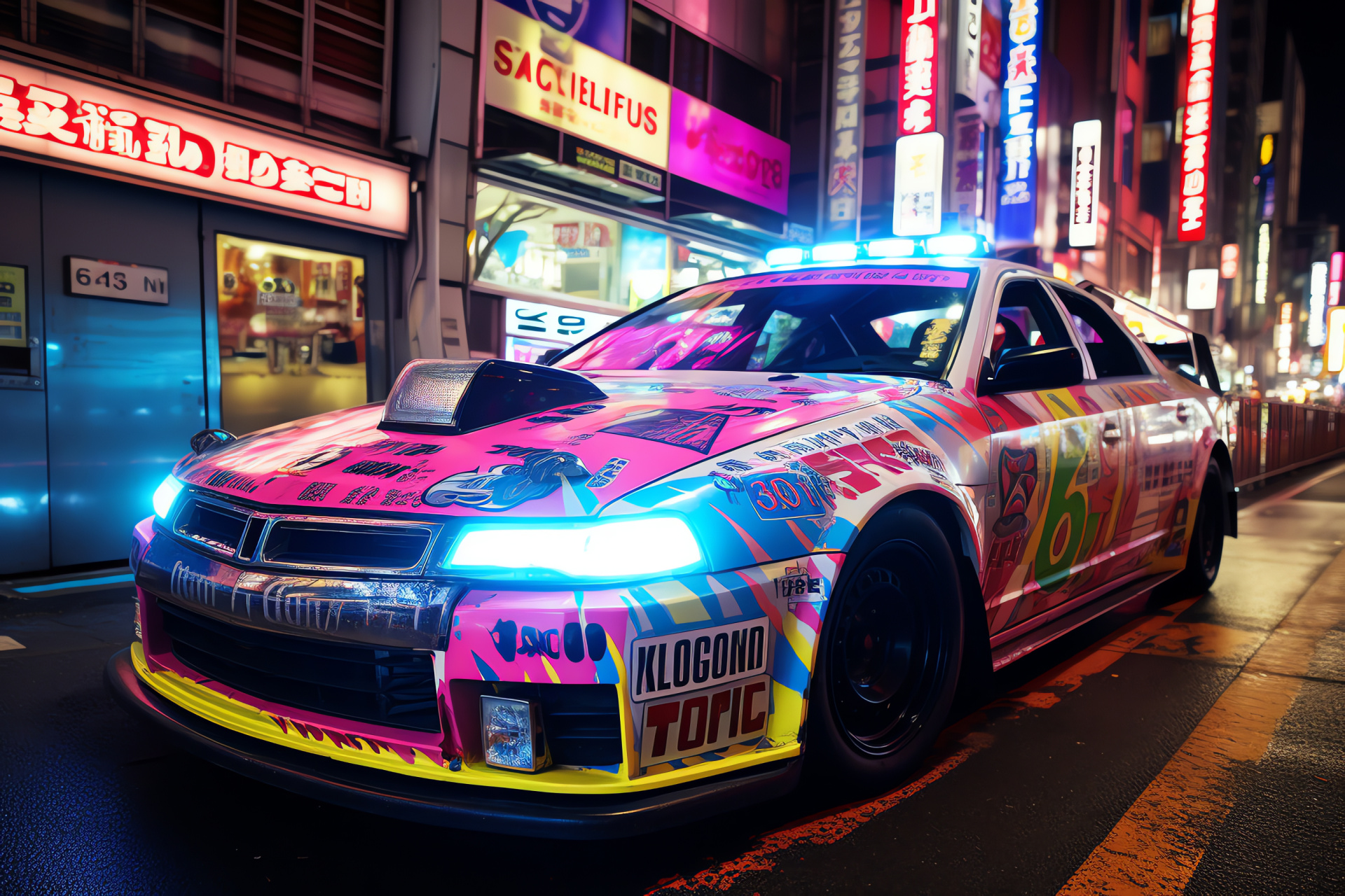 Tokyo police anime car, Akihabara patrol vehicle, Distinctive graphic scheme, City night life, Japanese culture, HD Desktop Image