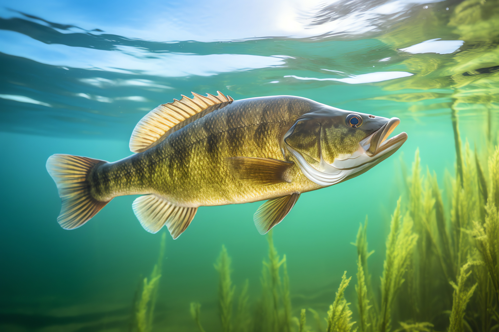 Aquatic anglerfish, Crystal river setting, Fish body shape, Transparent lake surface, Graceful swimmer, HD Desktop Image