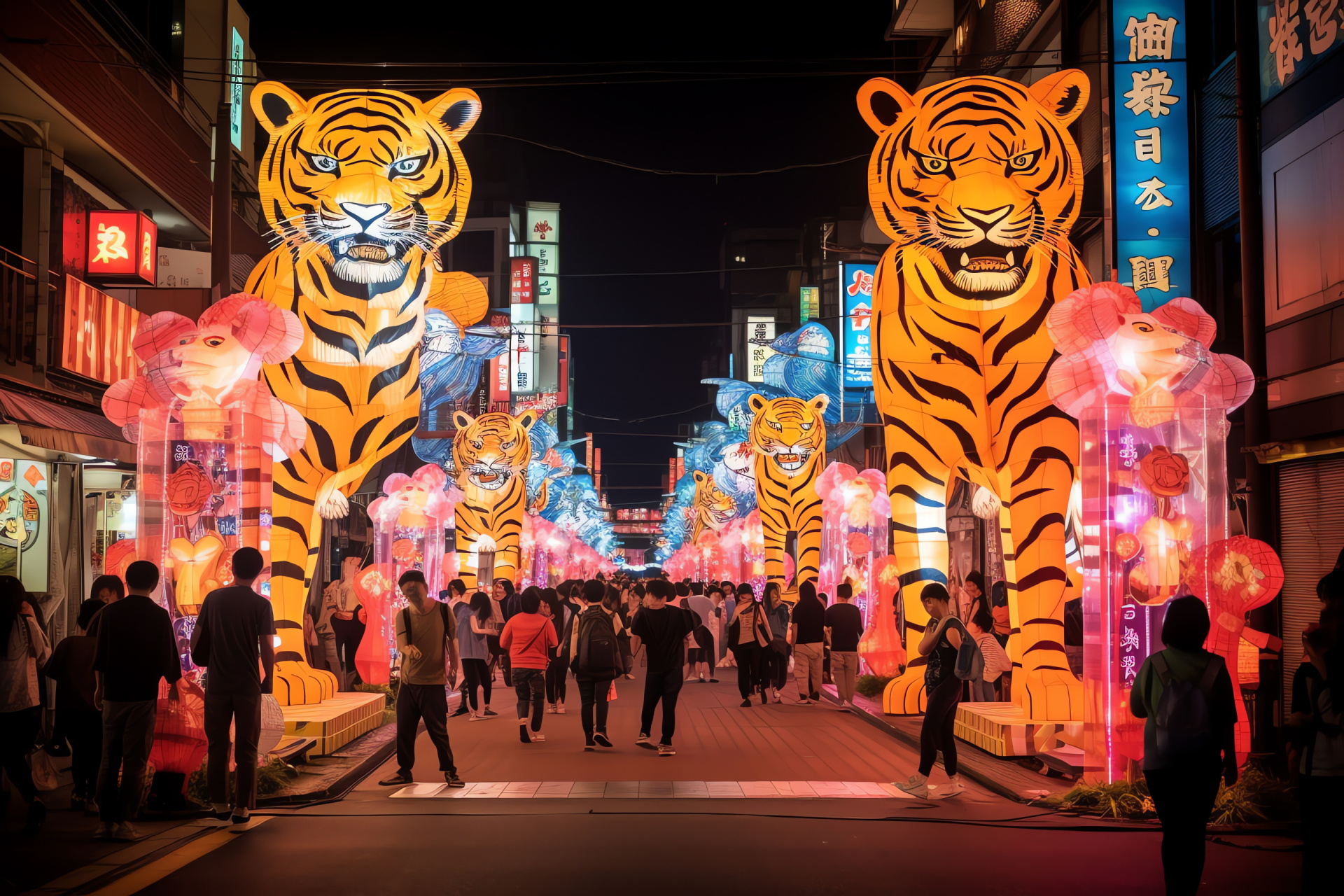 Tokyo Tiger Festival, Neon-lit Japanese street, Cultural urban event, Panoramic city view, Festive celebration, HD Desktop Wallpaper