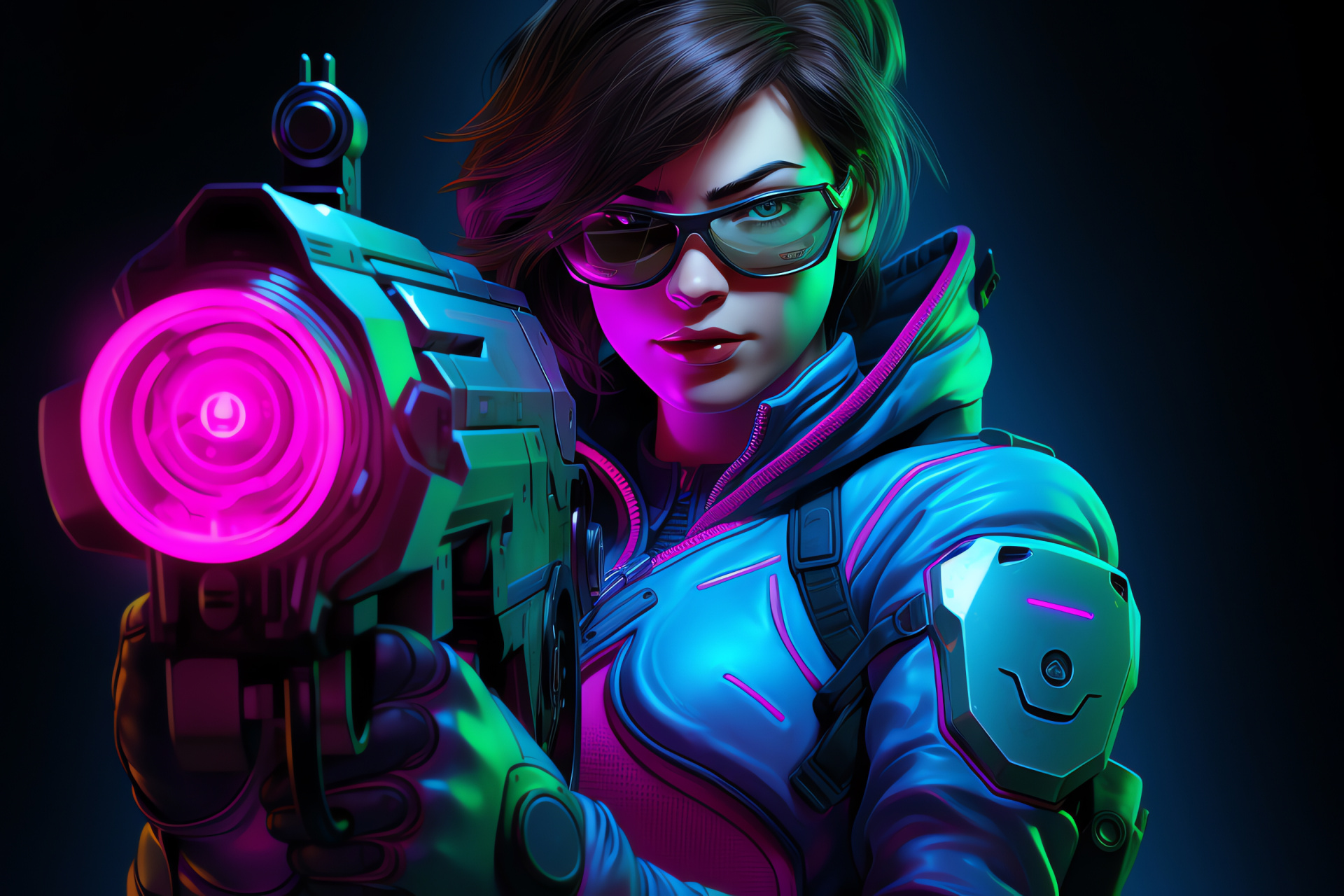 Overwatch Mei, Bi-color backdrop, Neon contrast, Blizzard heroine, Vivid stare, HD Desktop Image