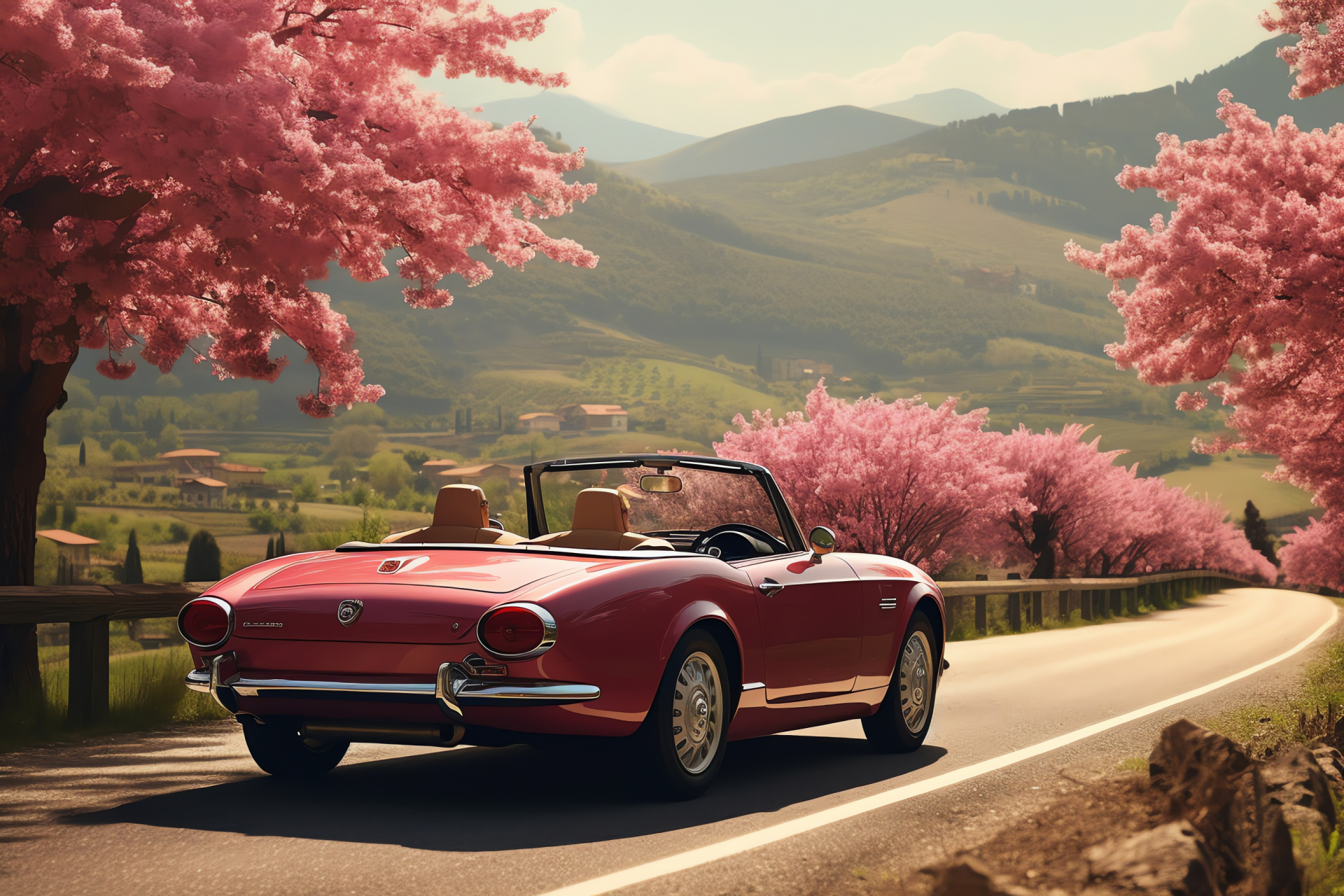 Fuchsia automobiles, Italian charm, Fiat 124 Spider model, Countryside top-down drive, Tuscan scenery, HD Desktop Image