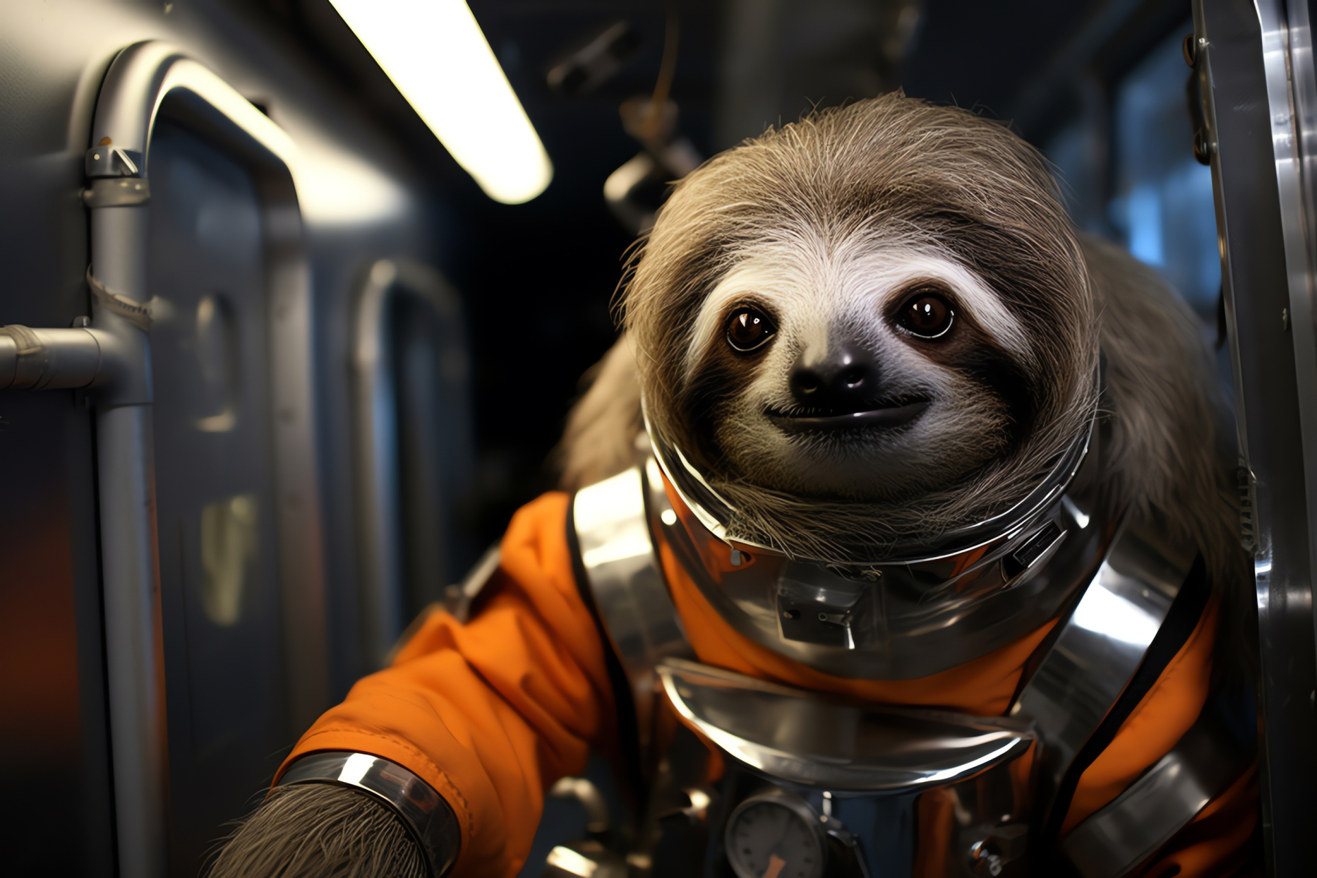 Silver-garbed Slothstronaut, Astronaut wildlife, Neon laboratory conditions, Silver fur tones, Advanced space suit technology, HD Desktop Image