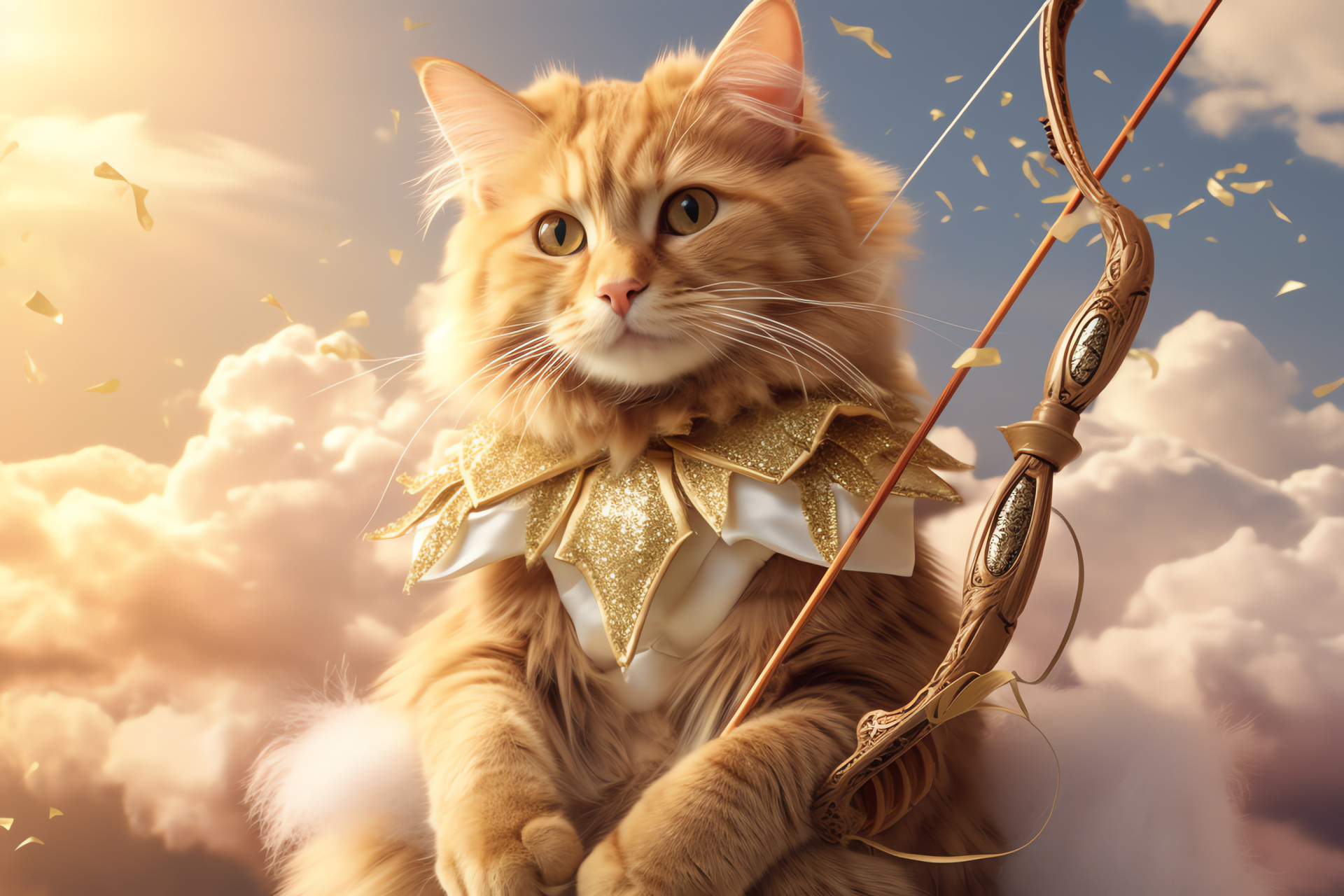 Amorous cupid cat pose, feline love archer, shimmering archery gear, romantic holiday symbol, mythical Valentine's mascot, HD Desktop Image