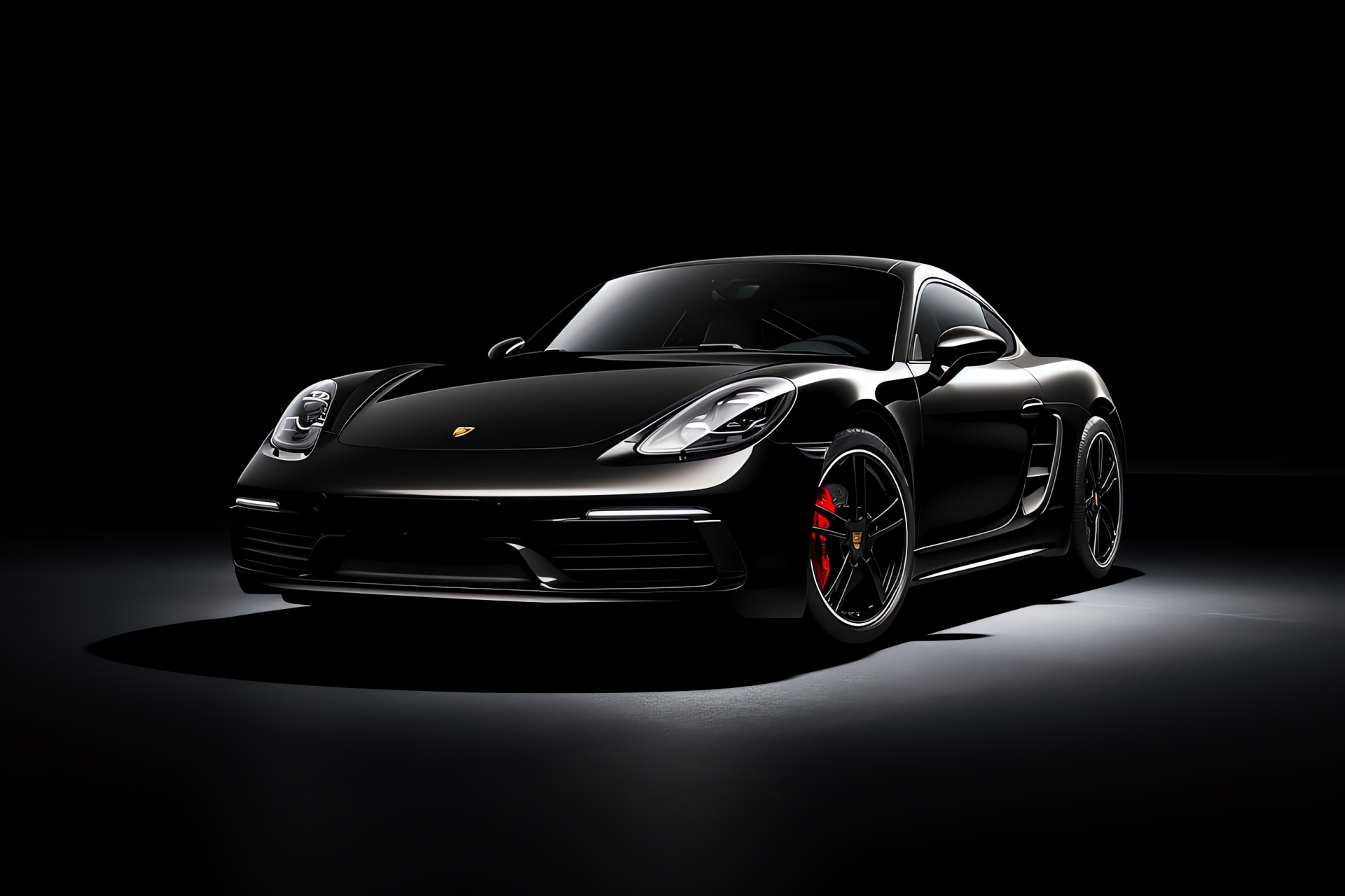 2022 Porsche Cayman GTS, High-angle perspective, Polished black surface, Contemporary car design, Sleek backdrop, HD Desktop Wallpaper