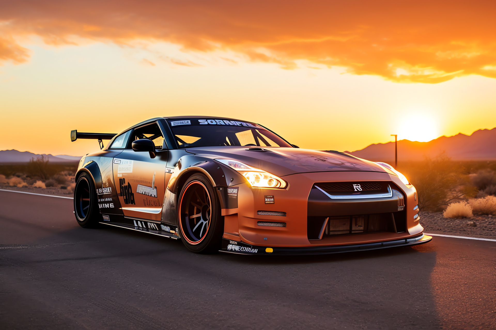 Nissan GTR Liberty Walk customized, Historic Route 66, Performance body enhancements, Powerful car sound, Evening ambiance, HD Desktop Wallpaper