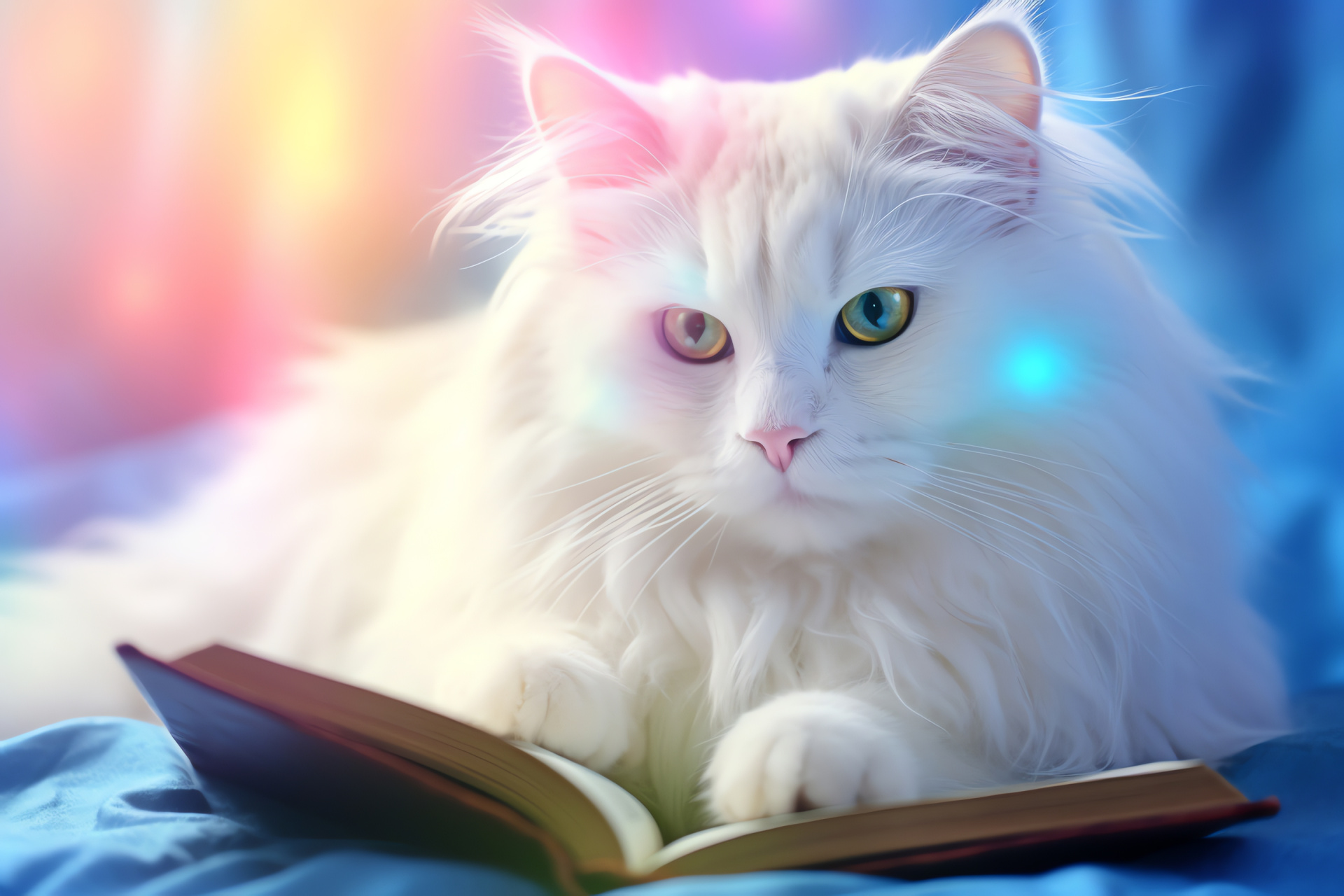 Fluffy white cat luxury, feline gaze enchantment, leisurely pose, soft fur comfort, captivating backdrop charm, HD Desktop Image