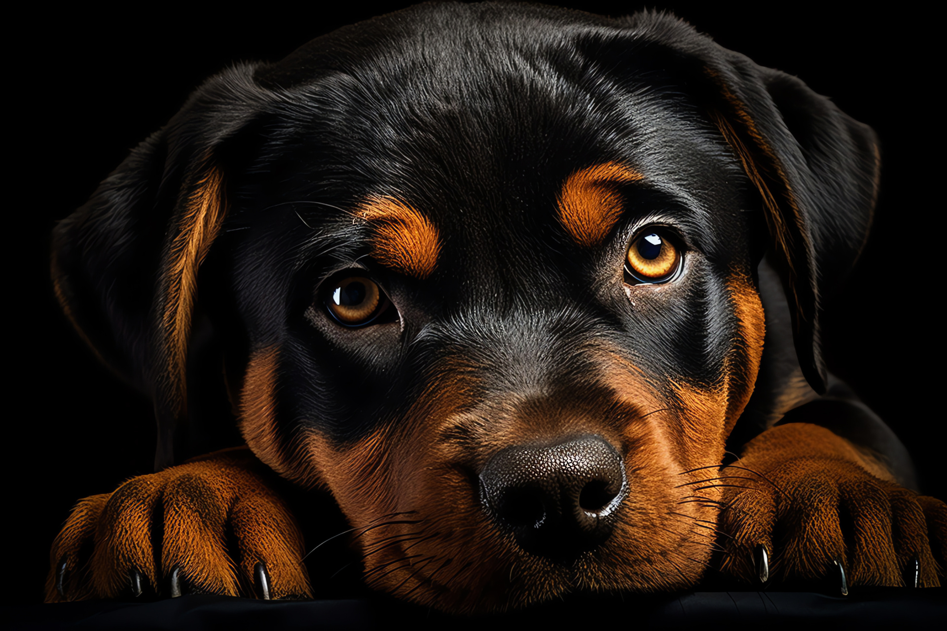Puppy Rottweiler, Close-up canine youth, Pet round-eyed look, Young dog innocence, Pure black background contrast, HD Desktop Wallpaper