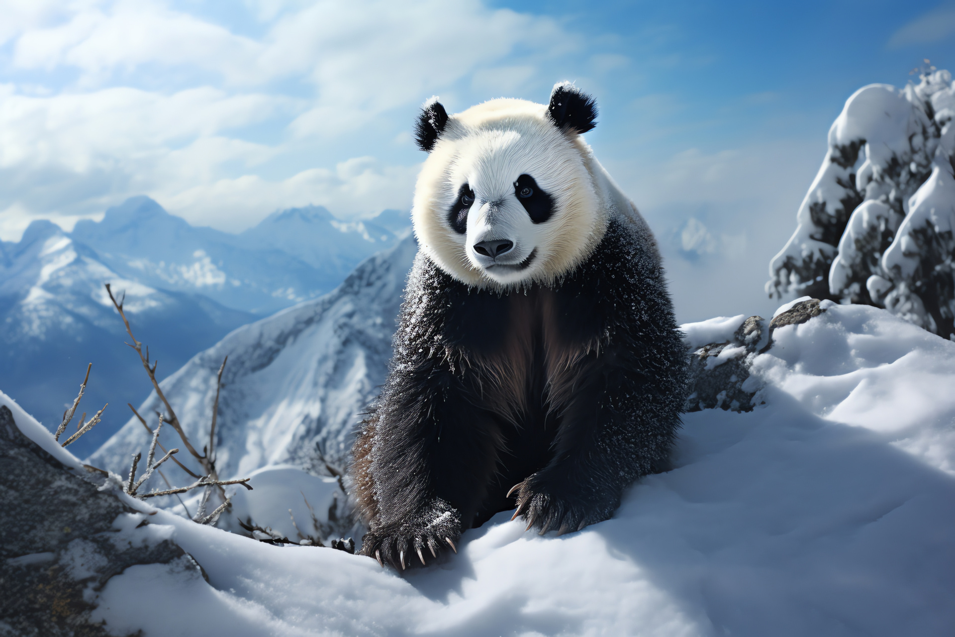 Sichuan Panda, large mammal, striking eye, snowy environment, monochrome pelt, HD Desktop Wallpaper