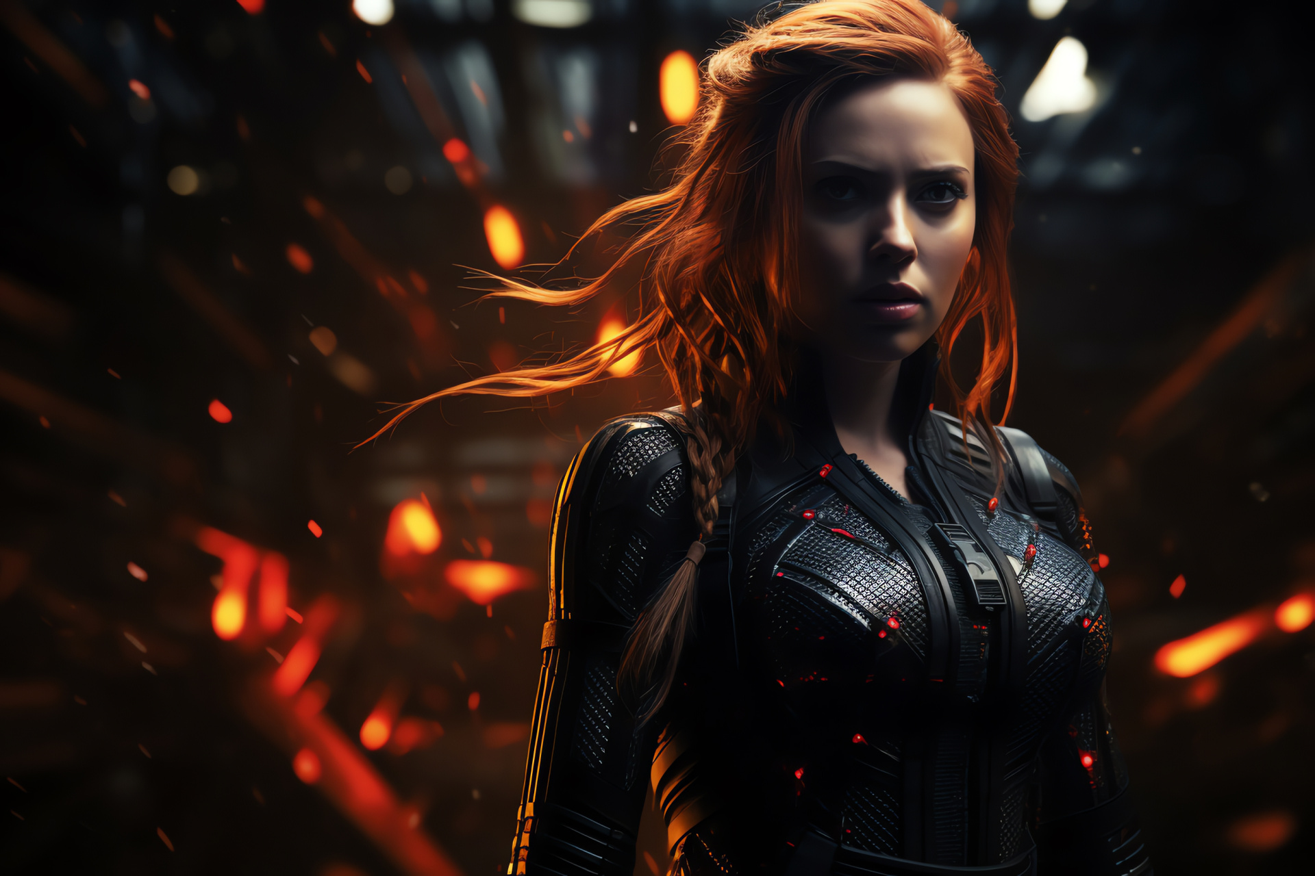 Lead Scarlett Johansson, alias Black Widow, deep focus, fascinating triple-color design, self-assured posture, HD Desktop Image