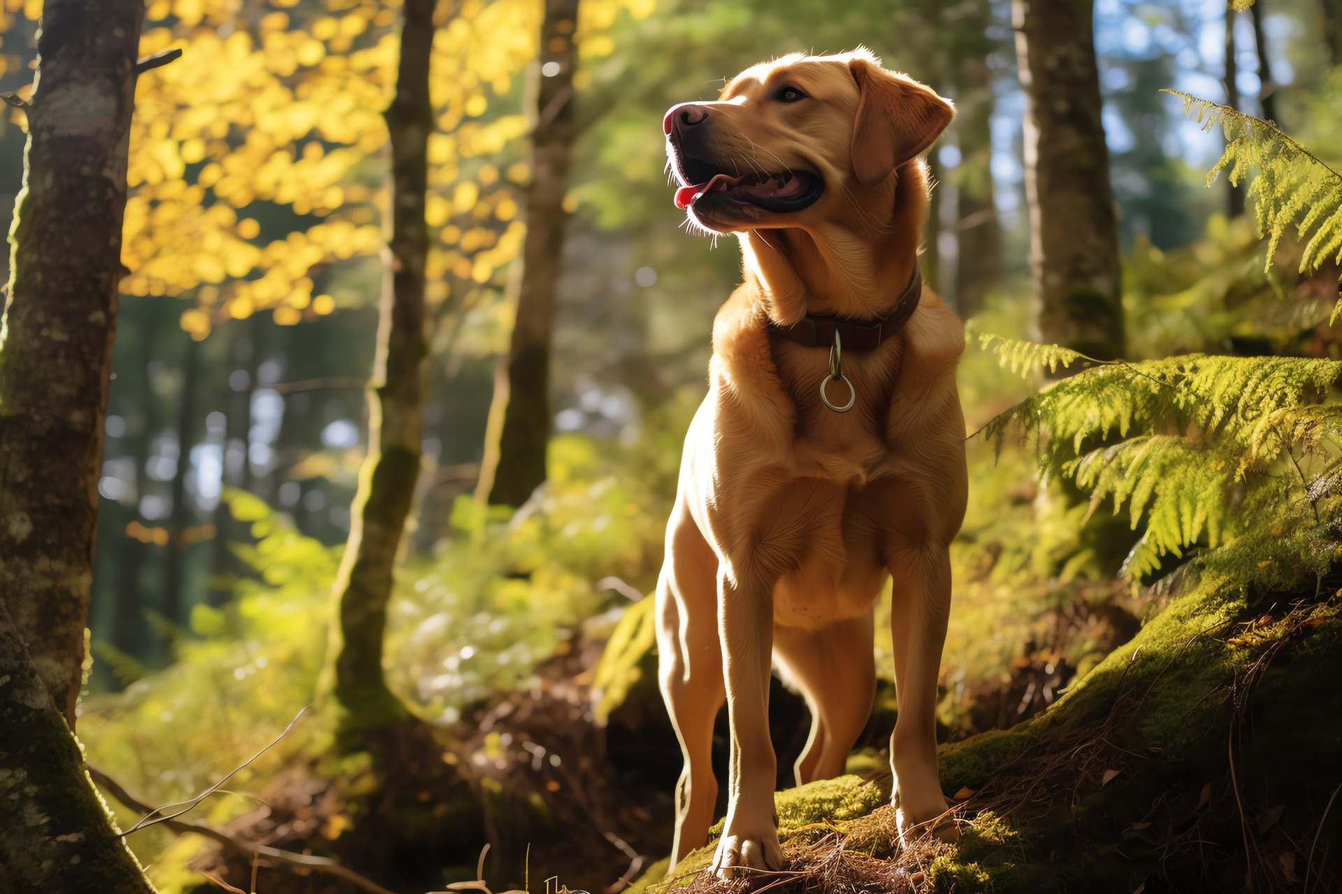 Intrepid canine, Labrador beauty, Natural light filter, Understory flora, Landscape exploration, HD Desktop Wallpaper