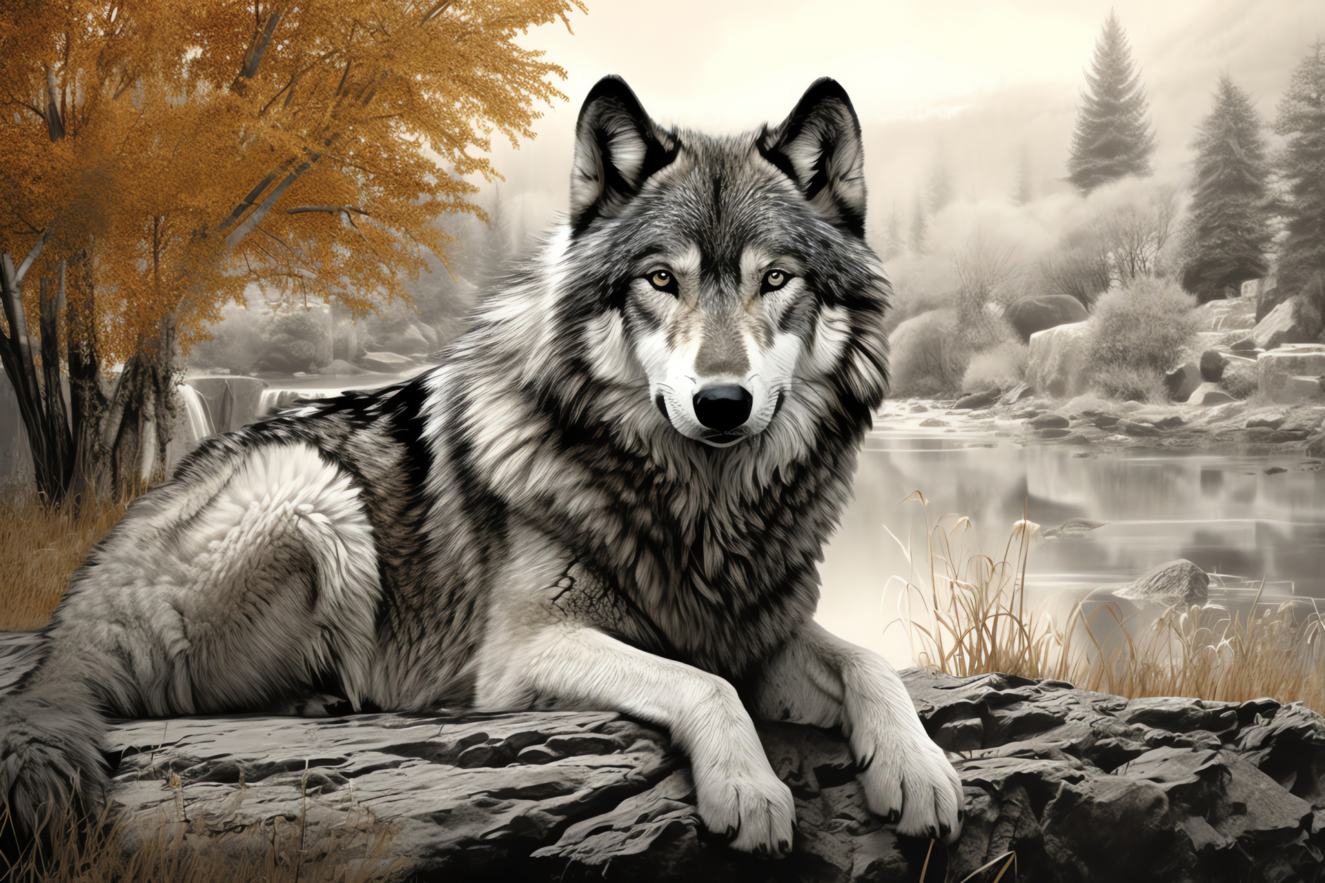 Mountain Timber Wolf, Majestic stance, Silver-black pelage, Alpine river, Tranquil natural scenery, HD Desktop Wallpaper