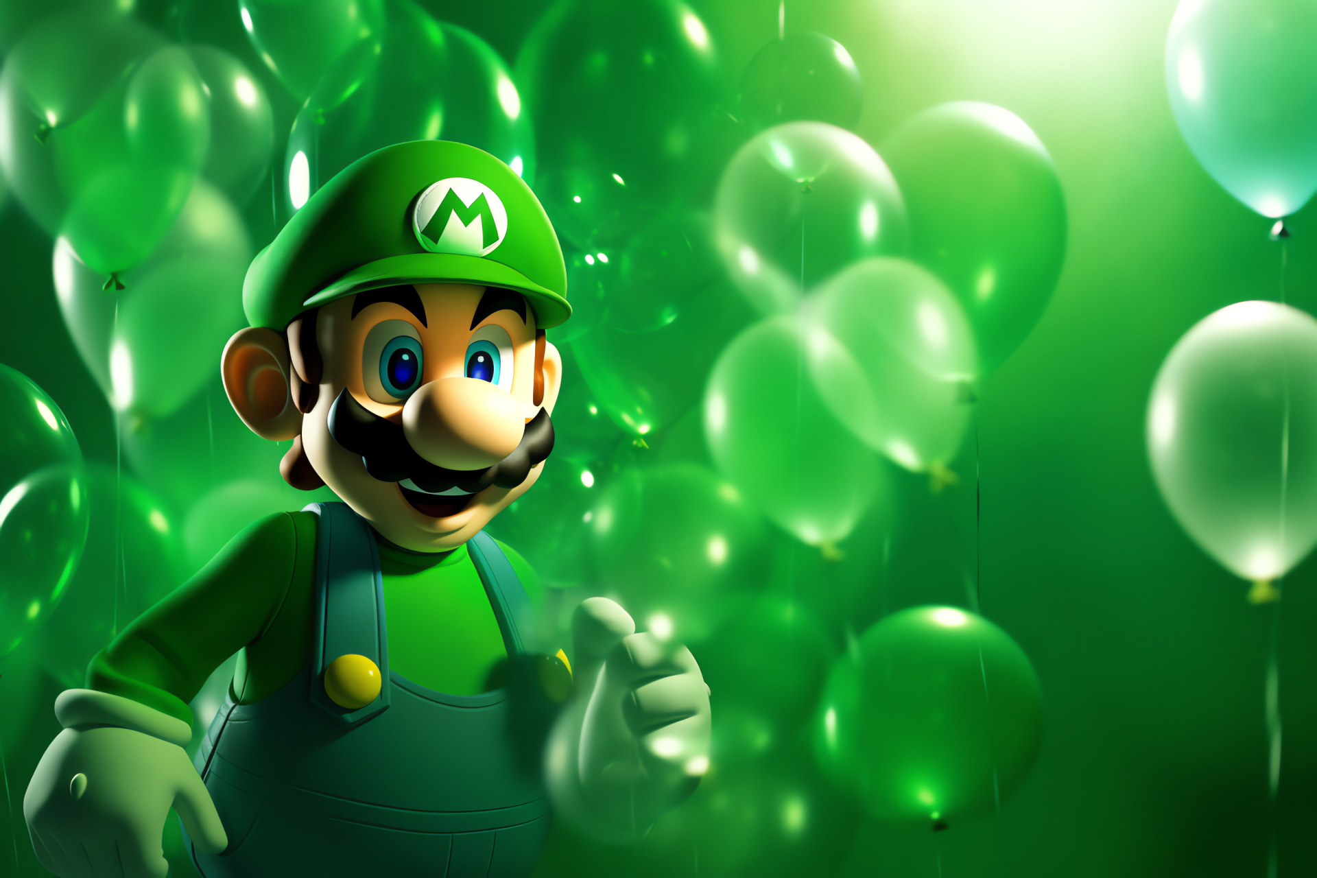 Green-clad plumber, Mushroom Kingdom helper, Ghost-hunting device, Classic gaming franchise, Friendly figure portrayal, HD Desktop Wallpaper