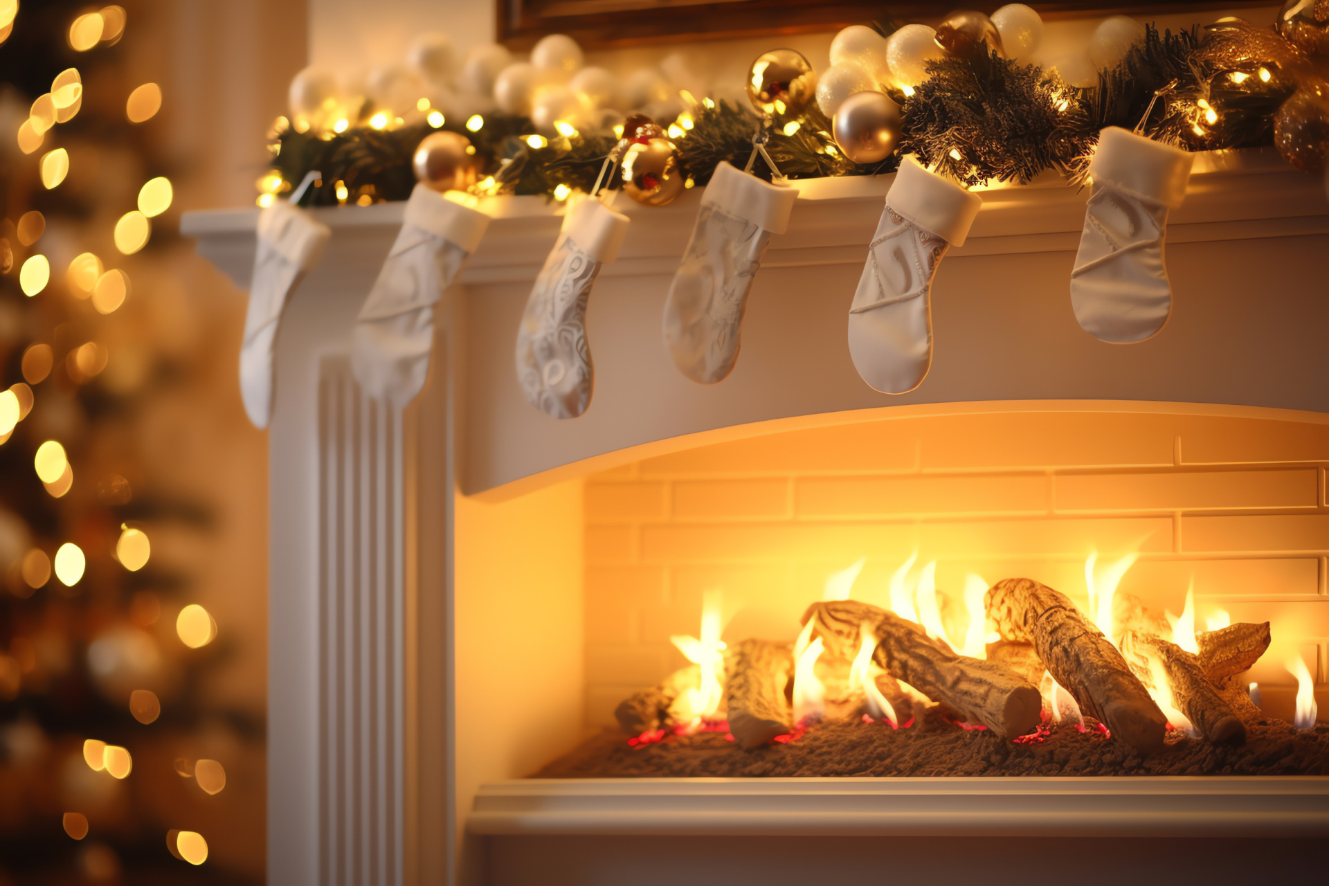 Festal fireplace garnish, delicate white illumination, shimmering festival lights, jubilant decor, filled stockings, HD Desktop Wallpaper