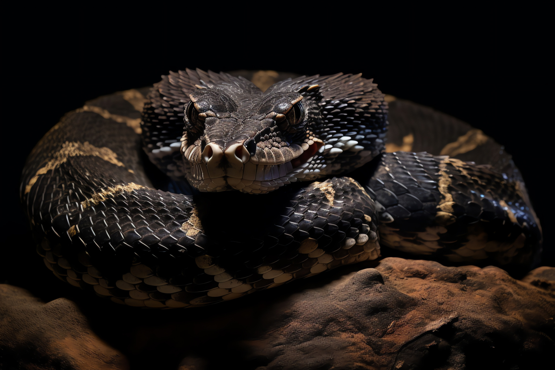 Gaboon viper, Venomous snake, African reptile, Threat display, Snake texture, HD Desktop Image