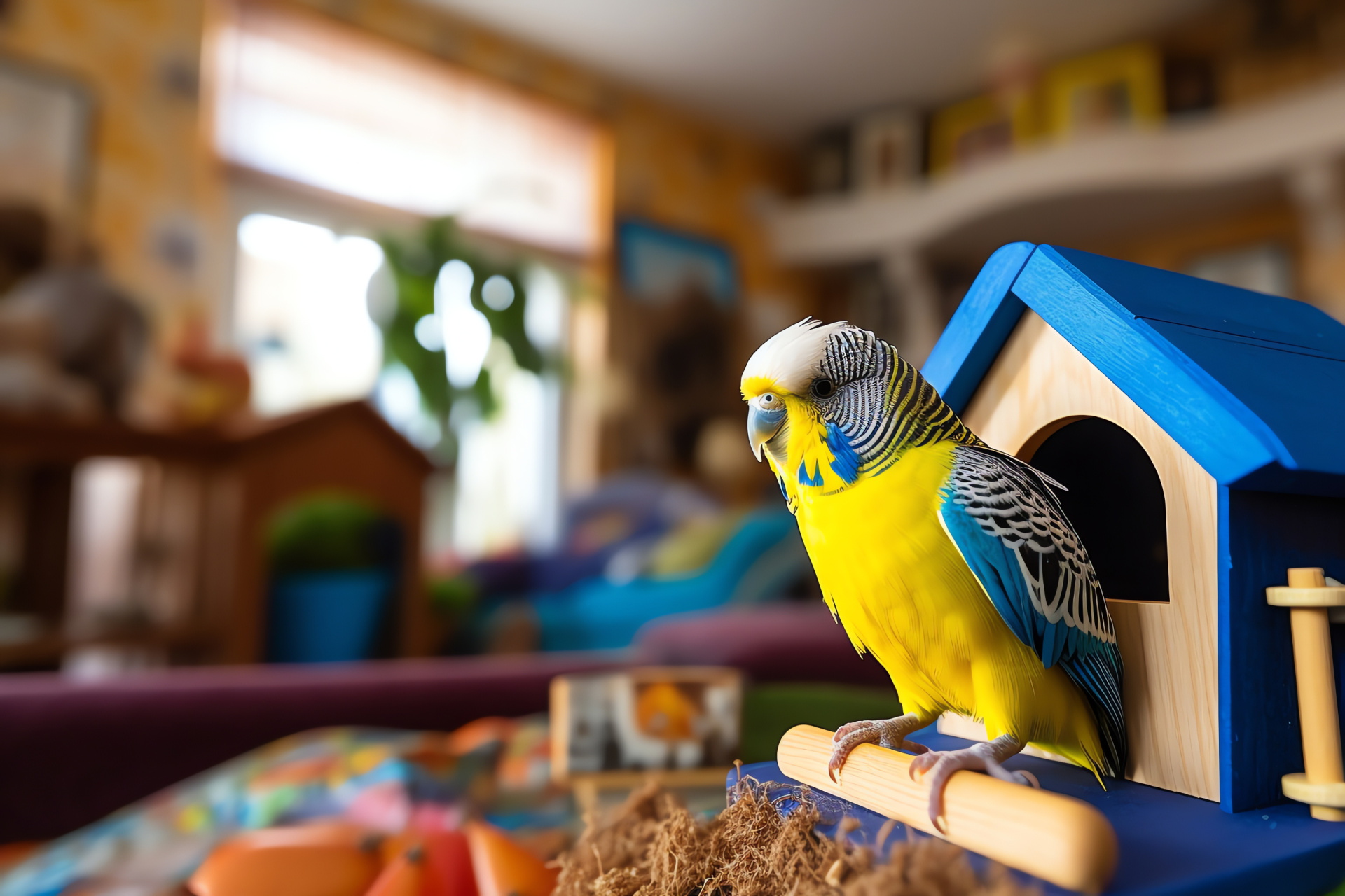 Budgie, parrot pet, cobalt feathers, domestic setting, avian playthings, HD Desktop Image