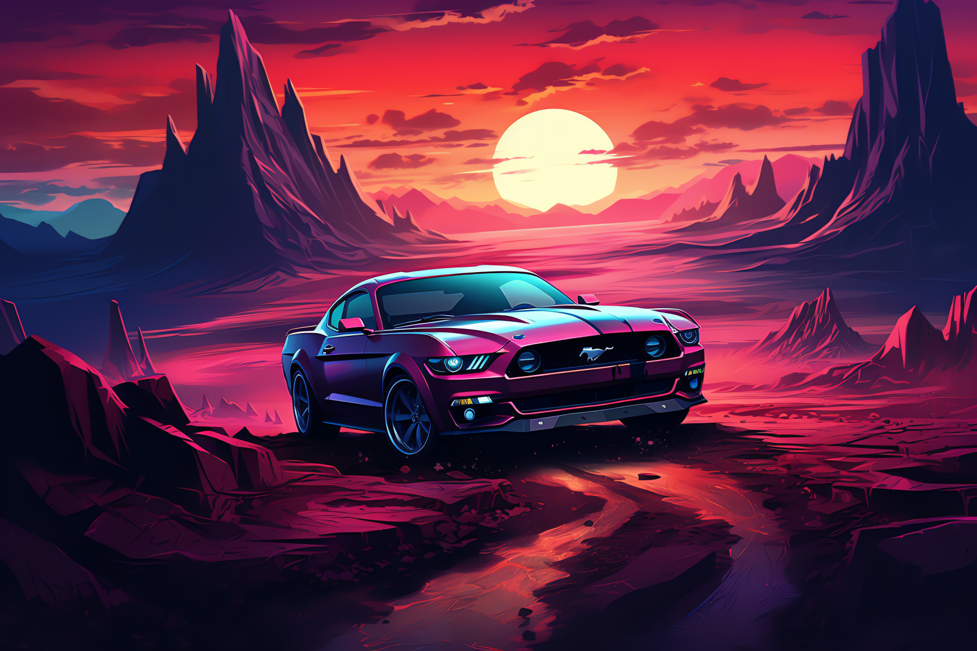 Mustang exploration, Foreign planet terrain, Vivid trichromatic landscape, Expansive car visual, Novelty setting, HD Desktop Image