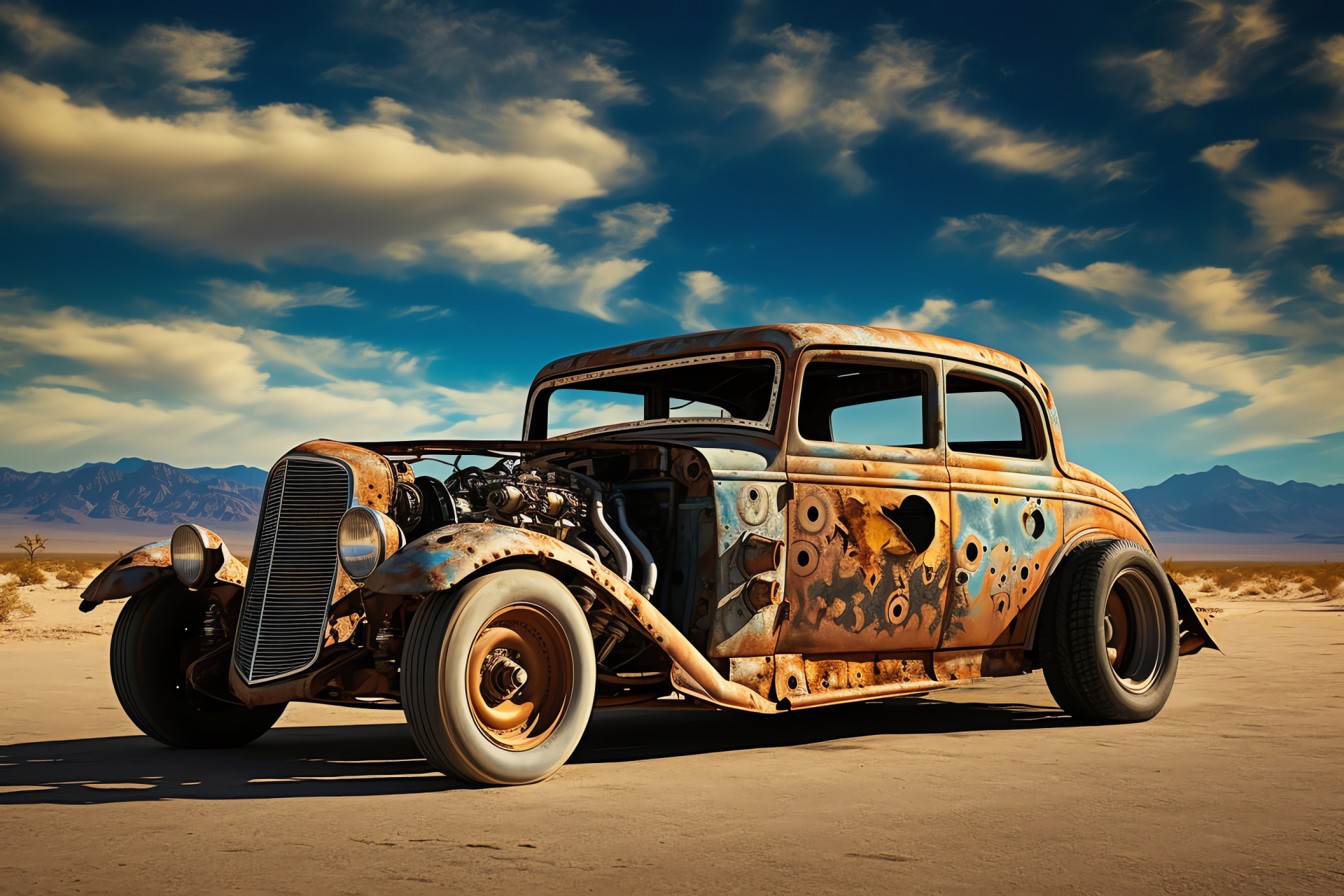 Desert Rat Rod, California backdrop, Aged patina, Custom bodywork, Hotrod character, HD Desktop Image