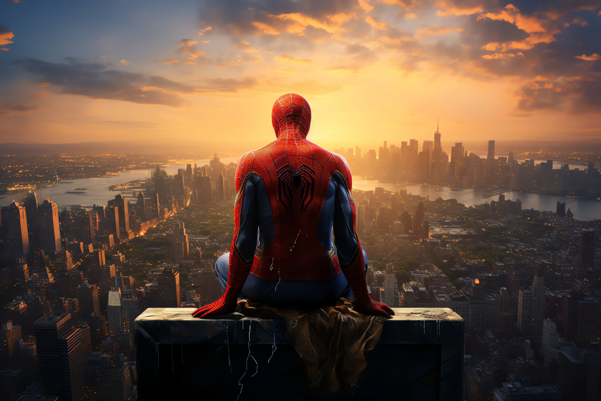 Peter Parker above, Skyscraping perspective, Bustling district, Daylit panorama, Hero silhouette, HD Desktop Image