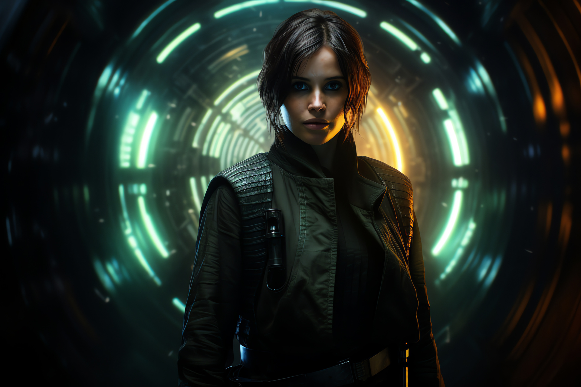 Jyn Erso's focused look, Struggle for Death Star blueprints, Intense expression, Sci-fi protagonist, Galactic conflict, HD Desktop Image