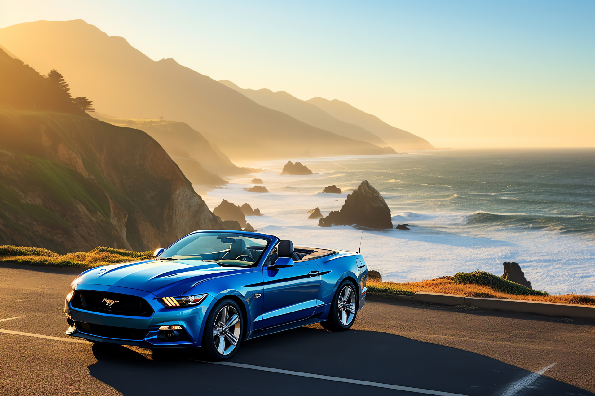 Mustang GT350, Coastal drive luxury, Oceanic route, Convertible freedom, Spray scenery, HD Desktop Wallpaper