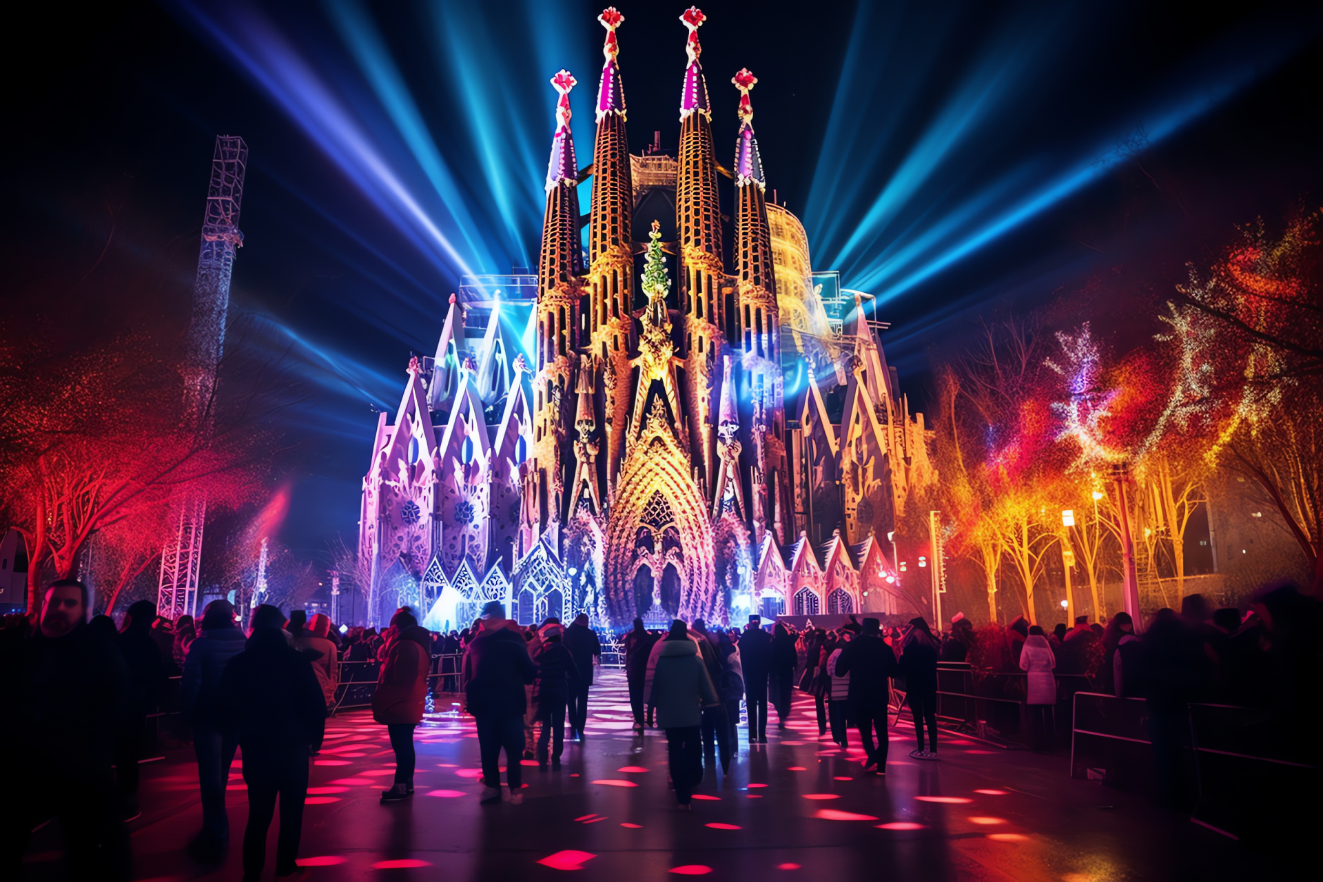 Barcelona winter holiday, iconic Catalan basilica, festive illumination, Sagrada Familia nightscape, cultural vibrancy, HD Desktop Image