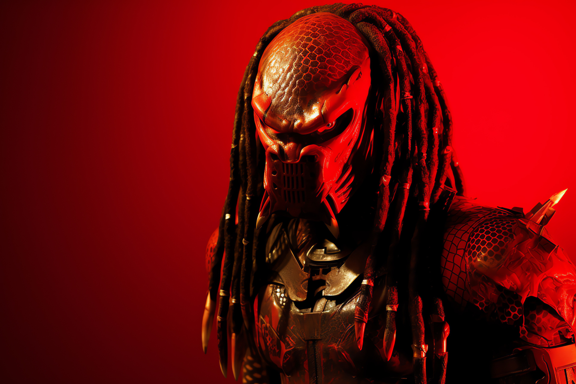 Predator prowess, Monochromatic red canvas, Piercing predator eyes, Complex exoskeletal suit, HD Desktop Image