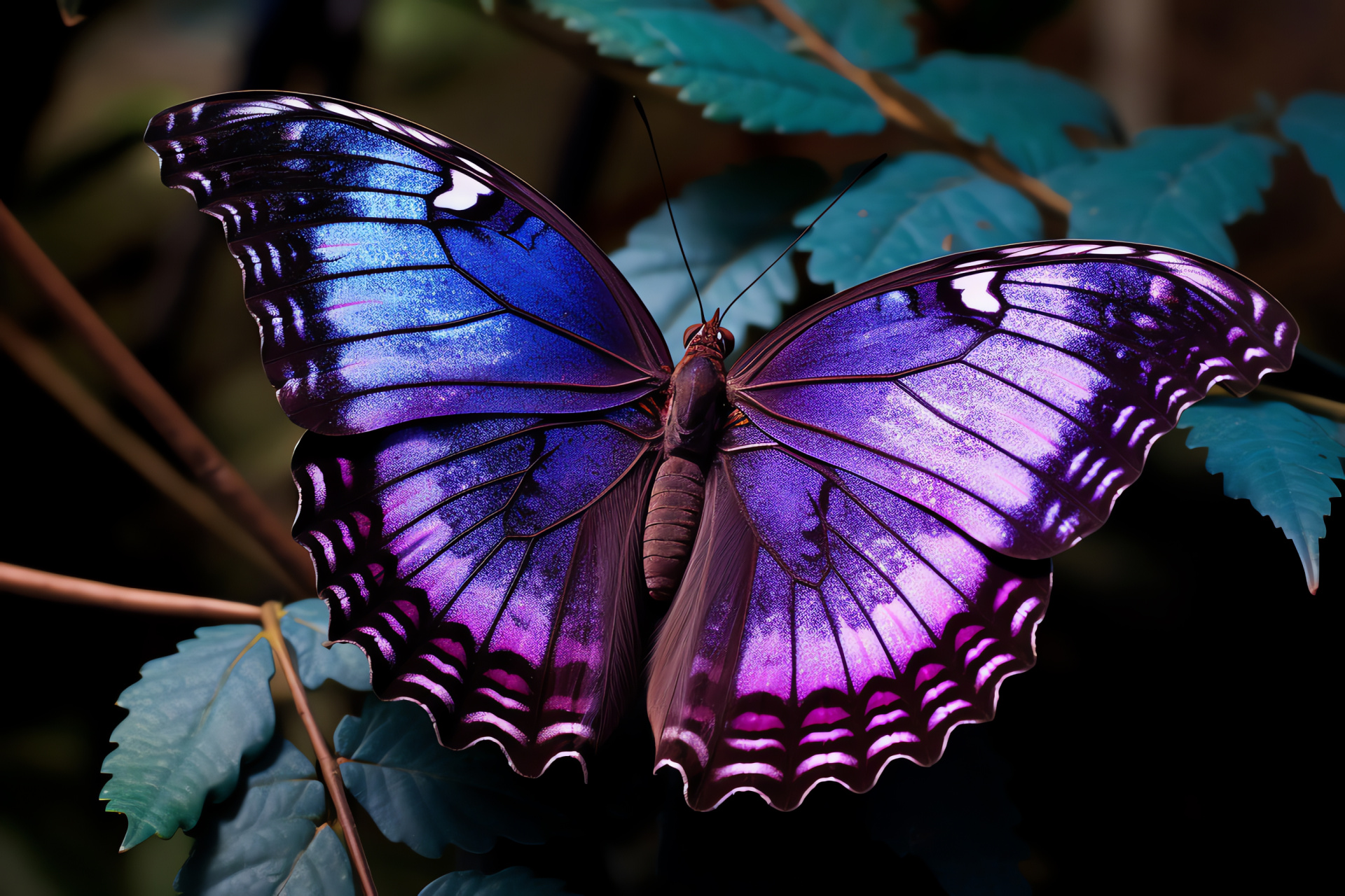 Purple Morpho winged form, imperial pigment, reflective tile coverings, enchanting copse, arboreal trunks, HD Desktop Wallpaper