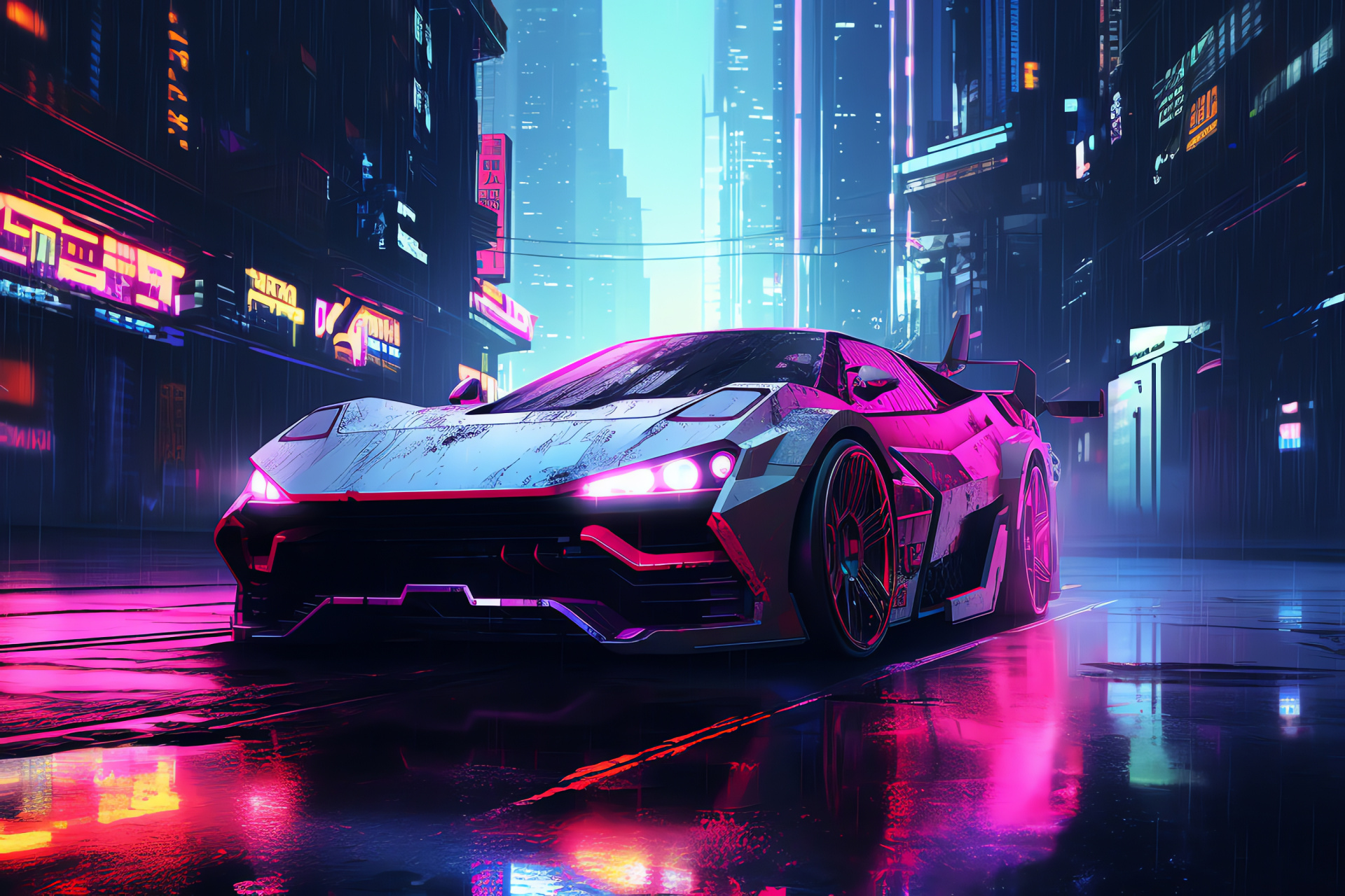 Neon auto in rain, bird-view angle, dystopian city, glistening streets, metropolitan glimmer, HD Desktop Wallpaper