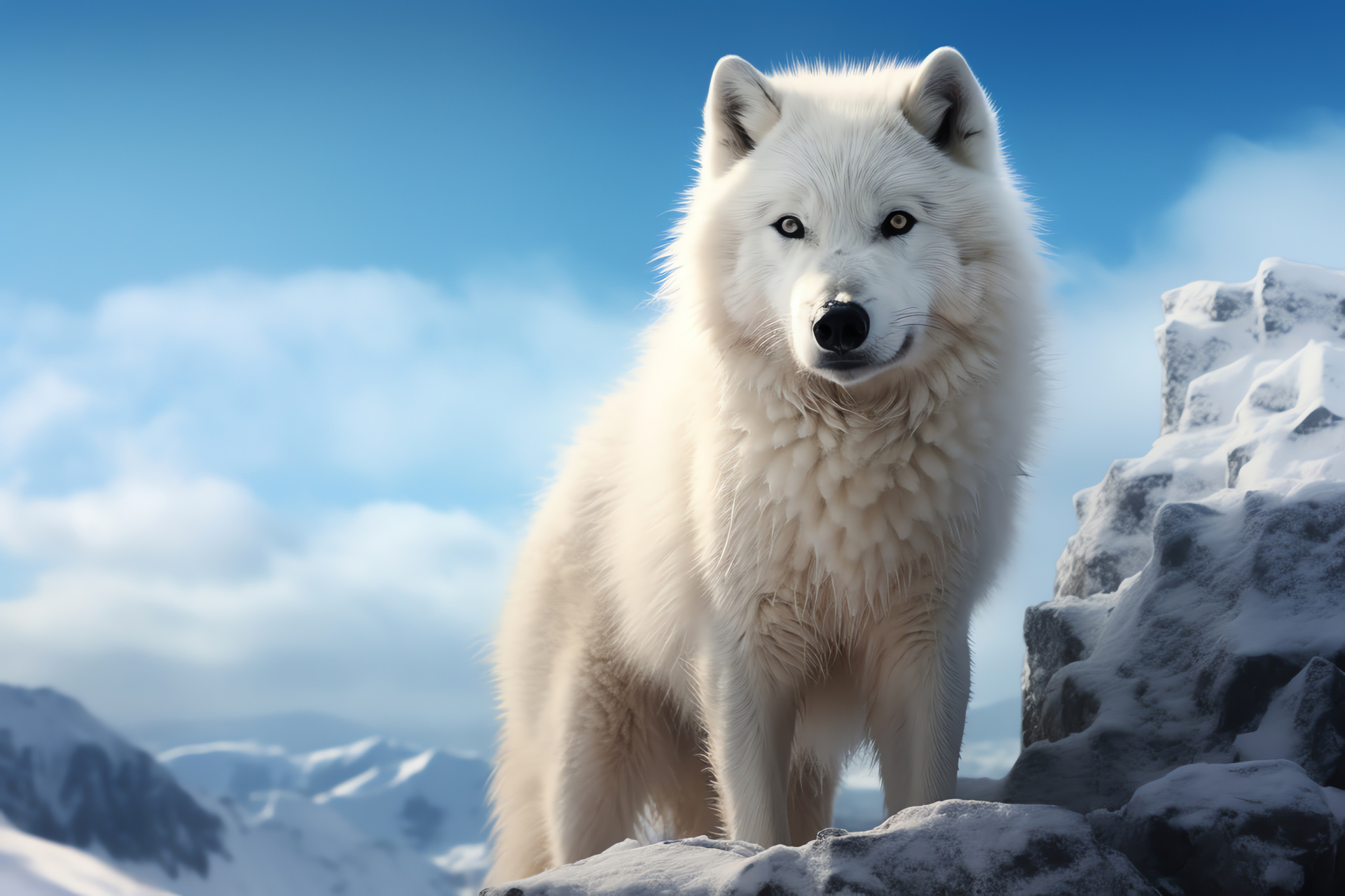 Arctic Wolf, piercing blues, whipped cream fur, ivory landscape, wintry precipice, HD Desktop Image