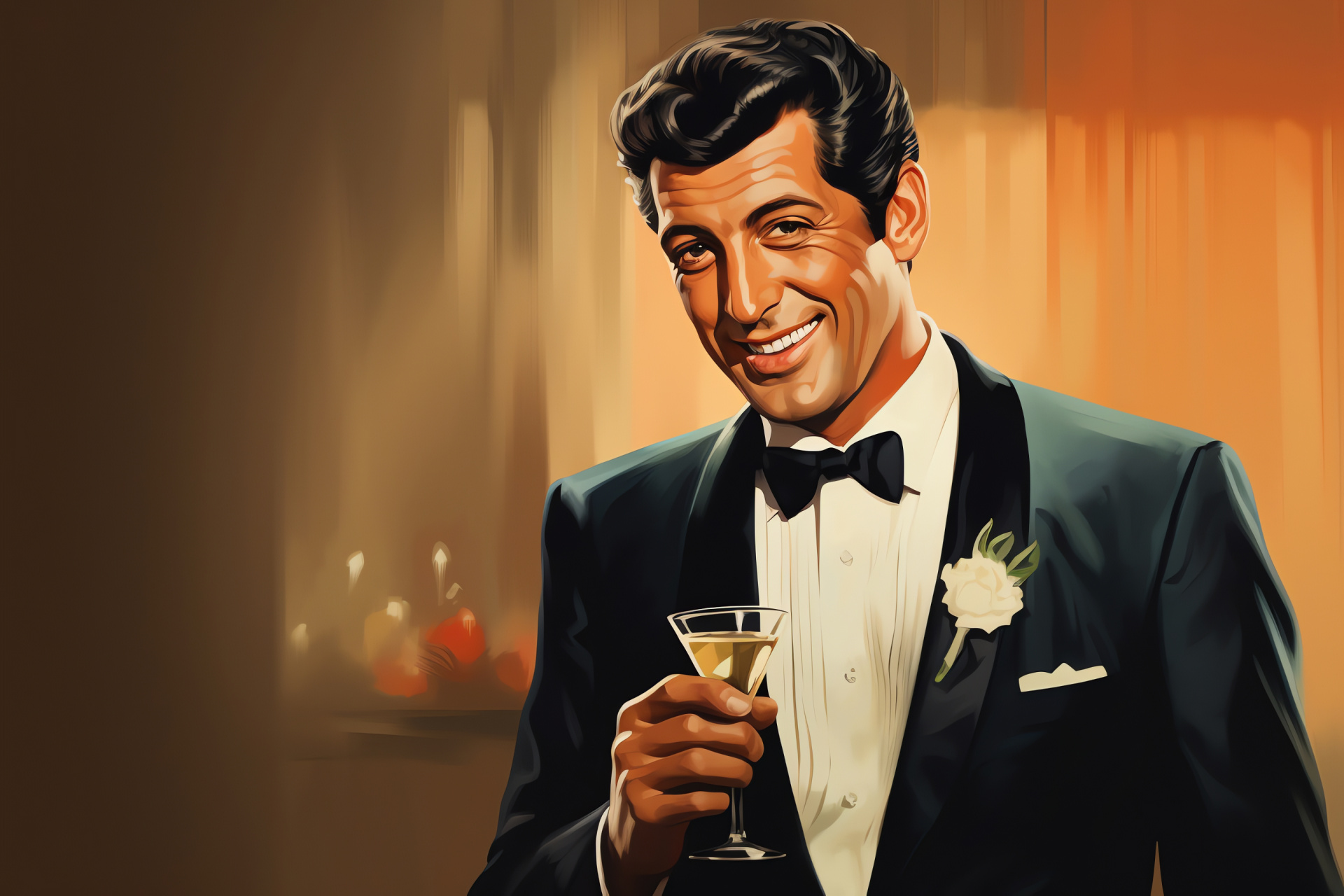 Dean Martin, Show business legend, Suave performer, Classic sipping pose, Entertainer's grin, HD Desktop Wallpaper