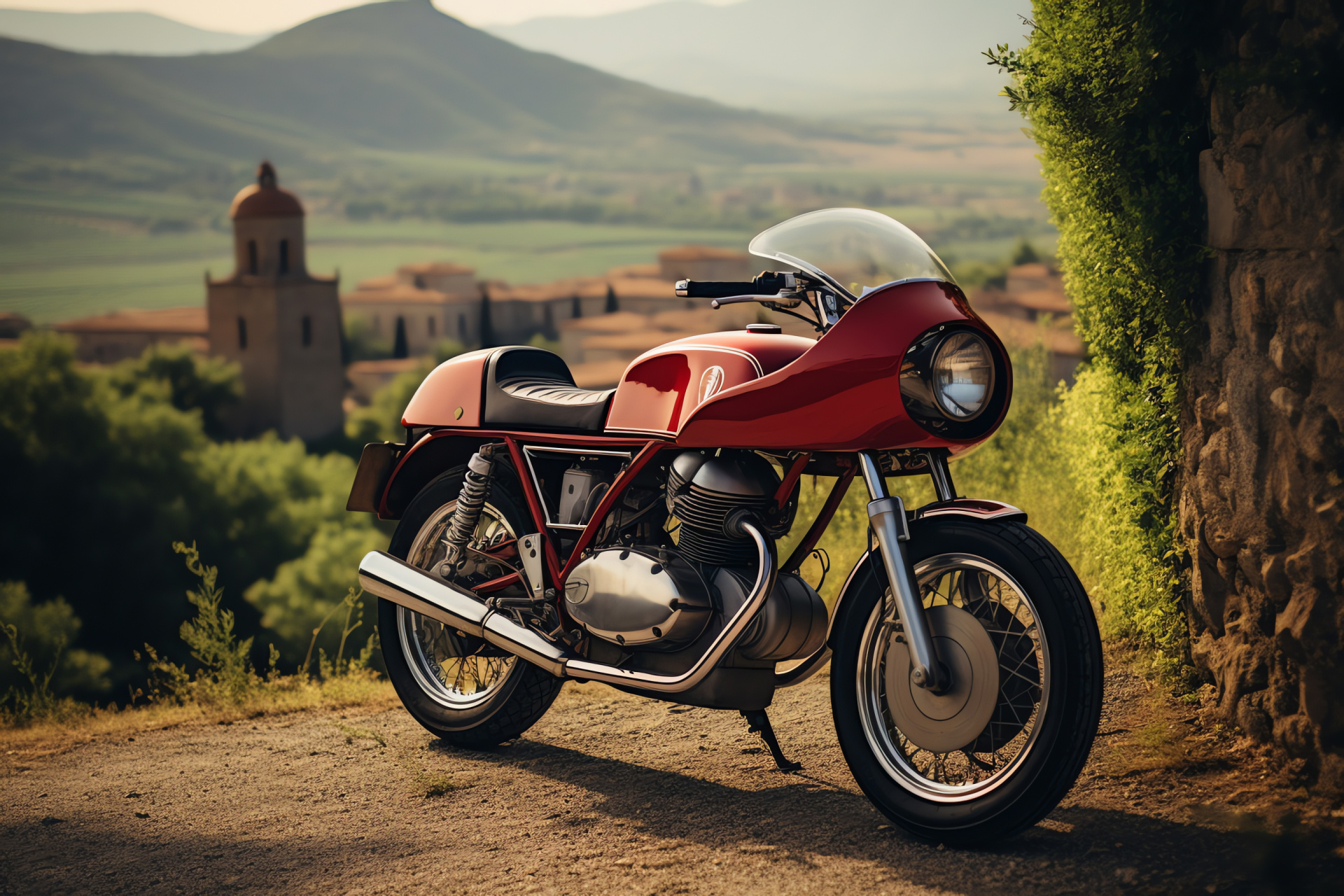 Ducati 750SS classic moto, Italian rural landscape, Red sporting fairings, Heritage of motorcycle elegance, Classic motorcycle performance, HD Desktop Wallpaper