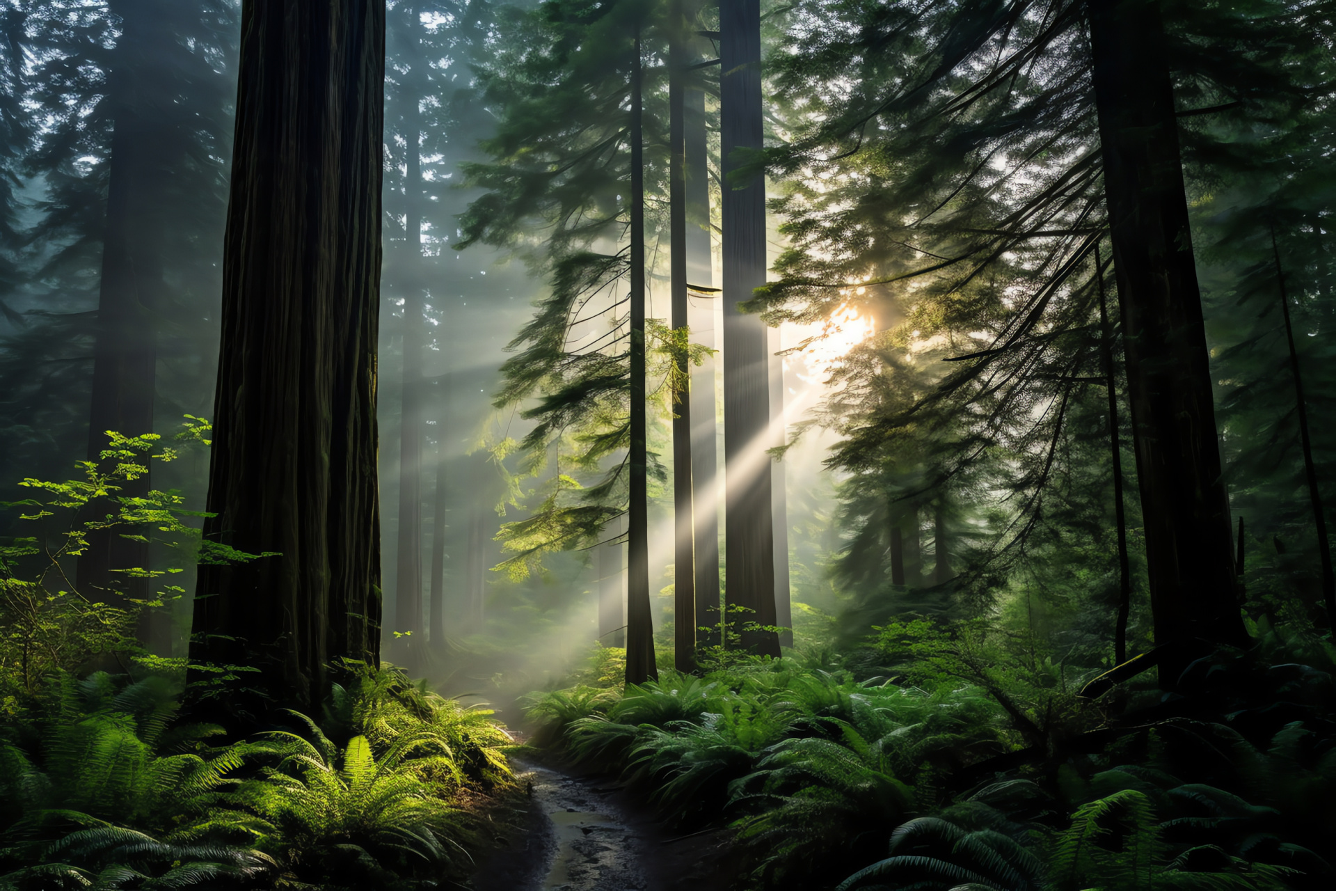 Pacific Northwest rainfall, redwood giant shelter, forest light play, atmospheric grandeur, lush undergrowth moisture, HD Desktop Image