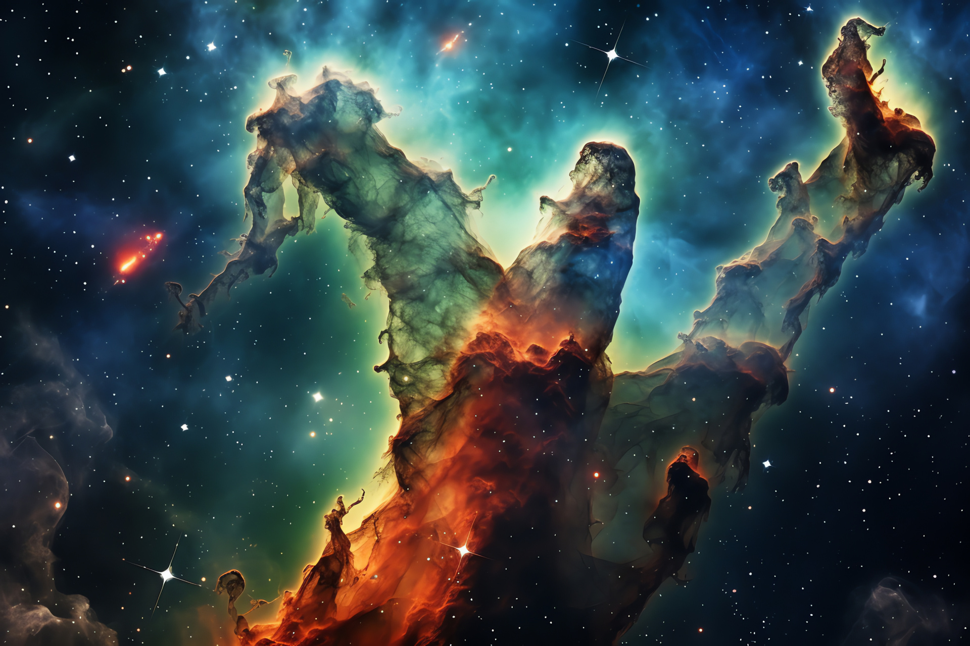 Nebulous formation grandeur, Towering interstellar pillars, Star formation zone, Celestial sculpting, Space pillar summit, HD Desktop Wallpaper
