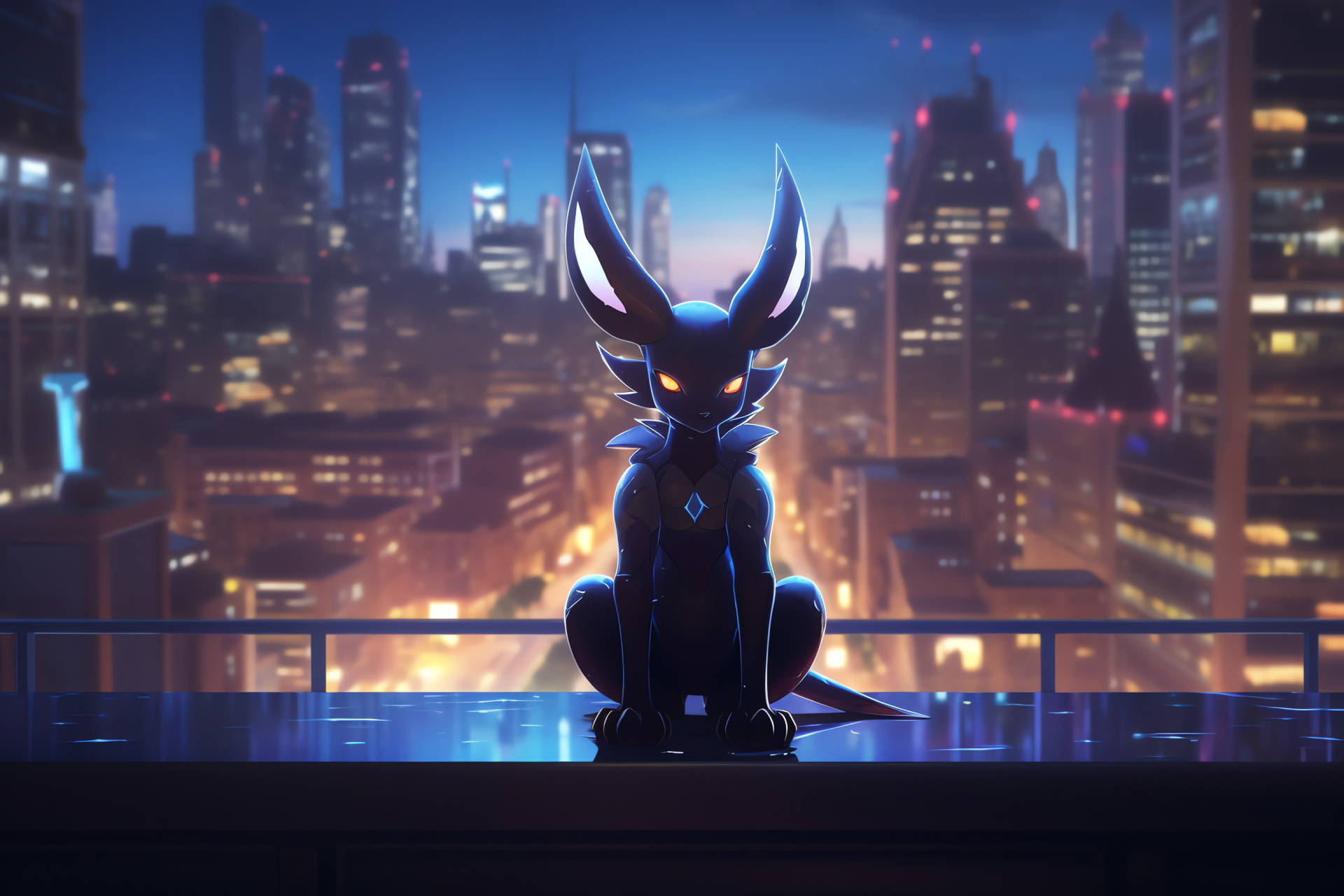 Umbreon in city, Evening gaming, Urban skyline, Twilight hour, Architectural giants, HD Desktop Image