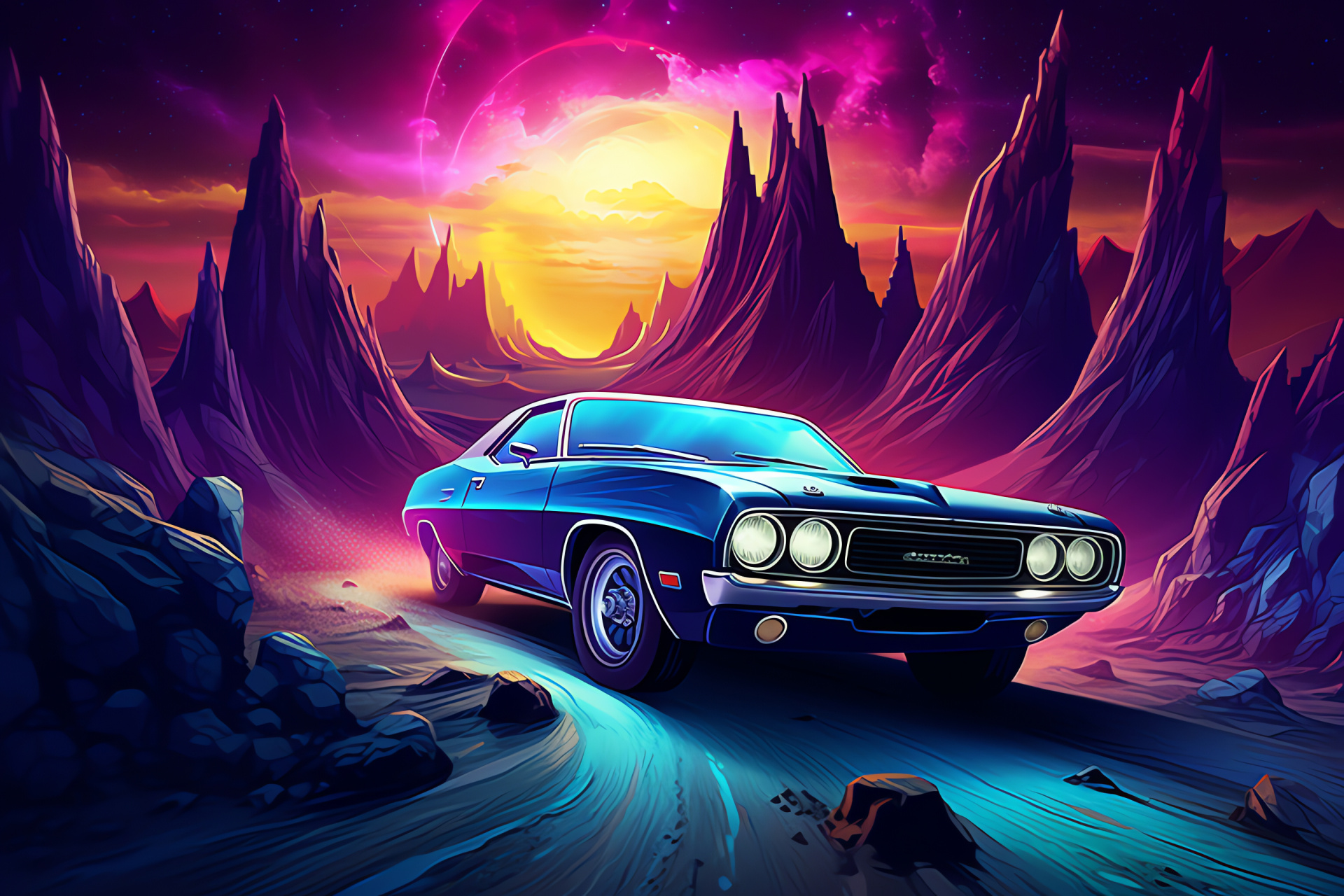 Nice Car aerial front, Retro muscle car style, Otherworldly landscape view, Alien rock backdrop, Vintage automotive charm, HD Desktop Image