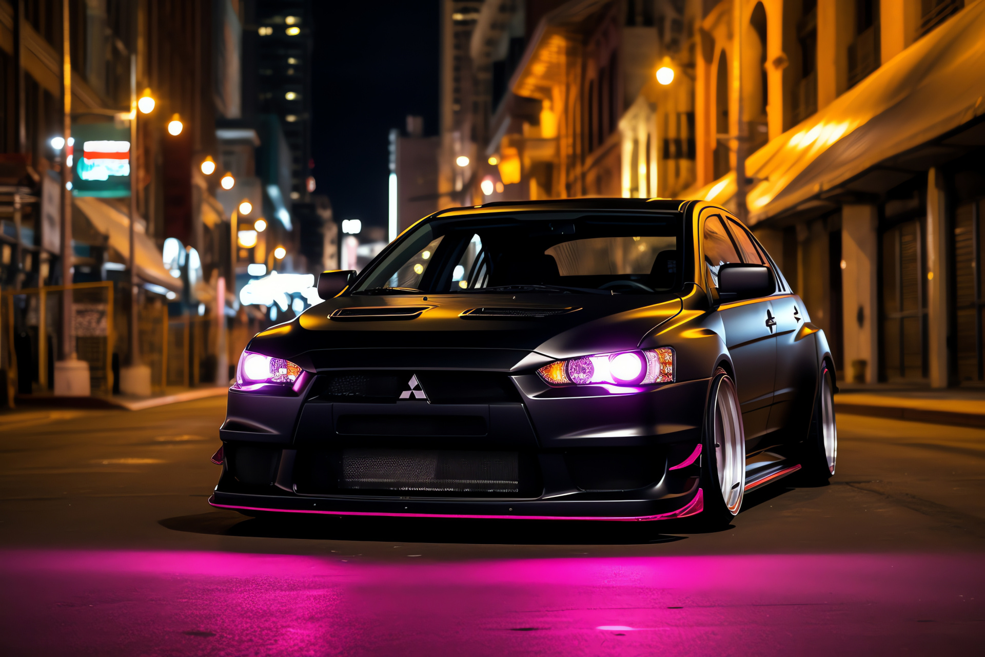 Mitsubishi Evo, urban scene, modified build, custom parts, city vibrance, HD Desktop Image