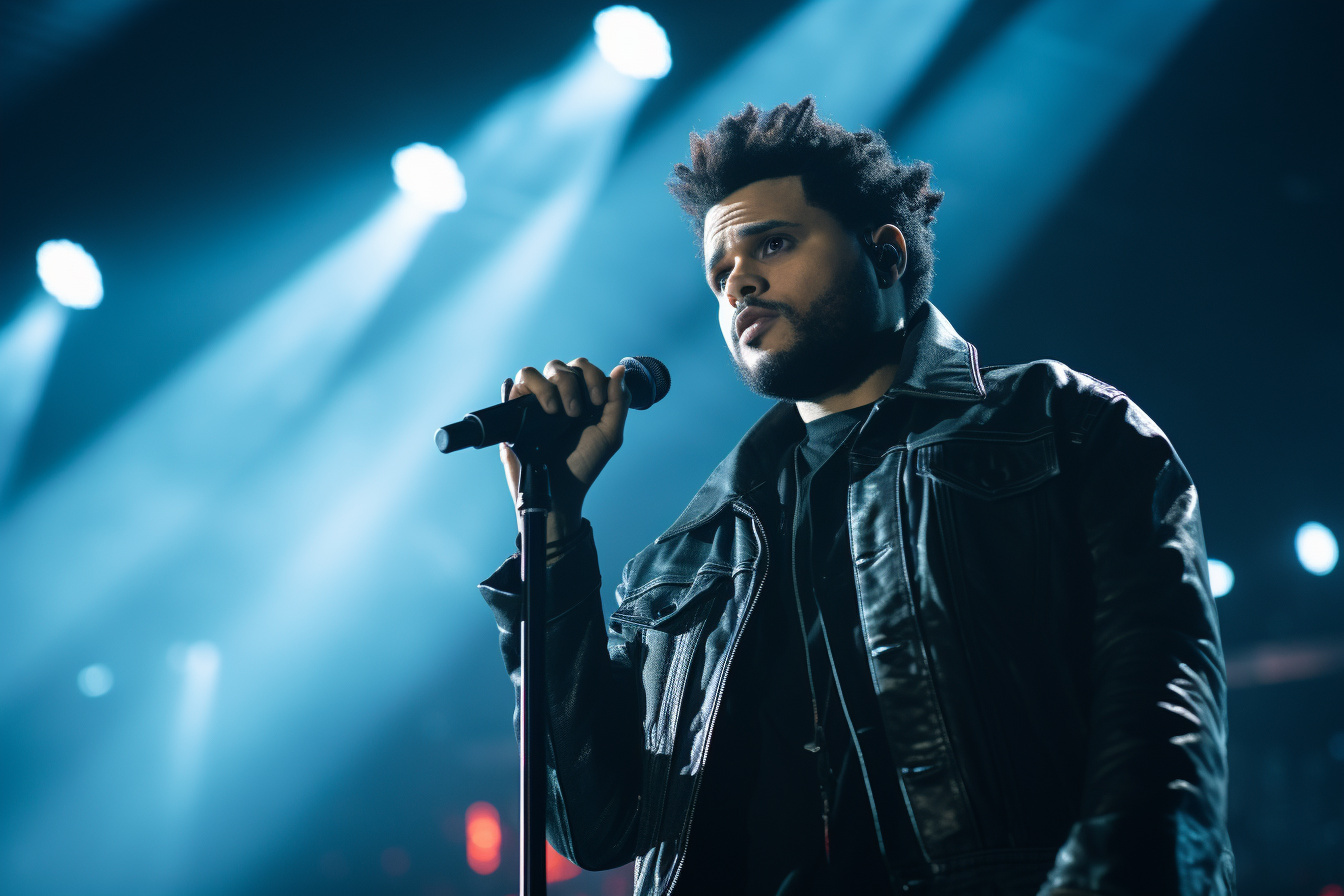 The Weeknd performance, Vocal concert, Rocker style, Denim fashion, Singing sensation, HD Desktop Wallpaper